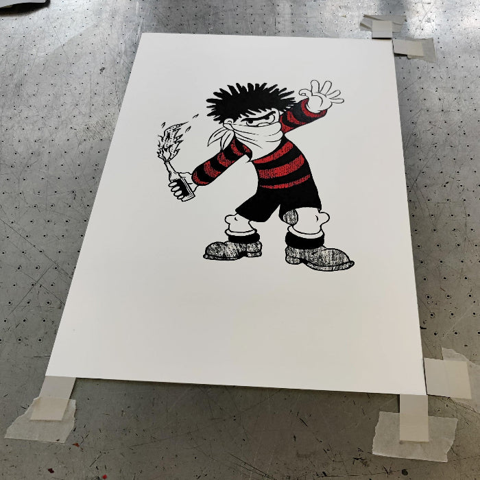 Hand-pulled screenprint featuring masked figure – Molotov Dennis by Bravespears