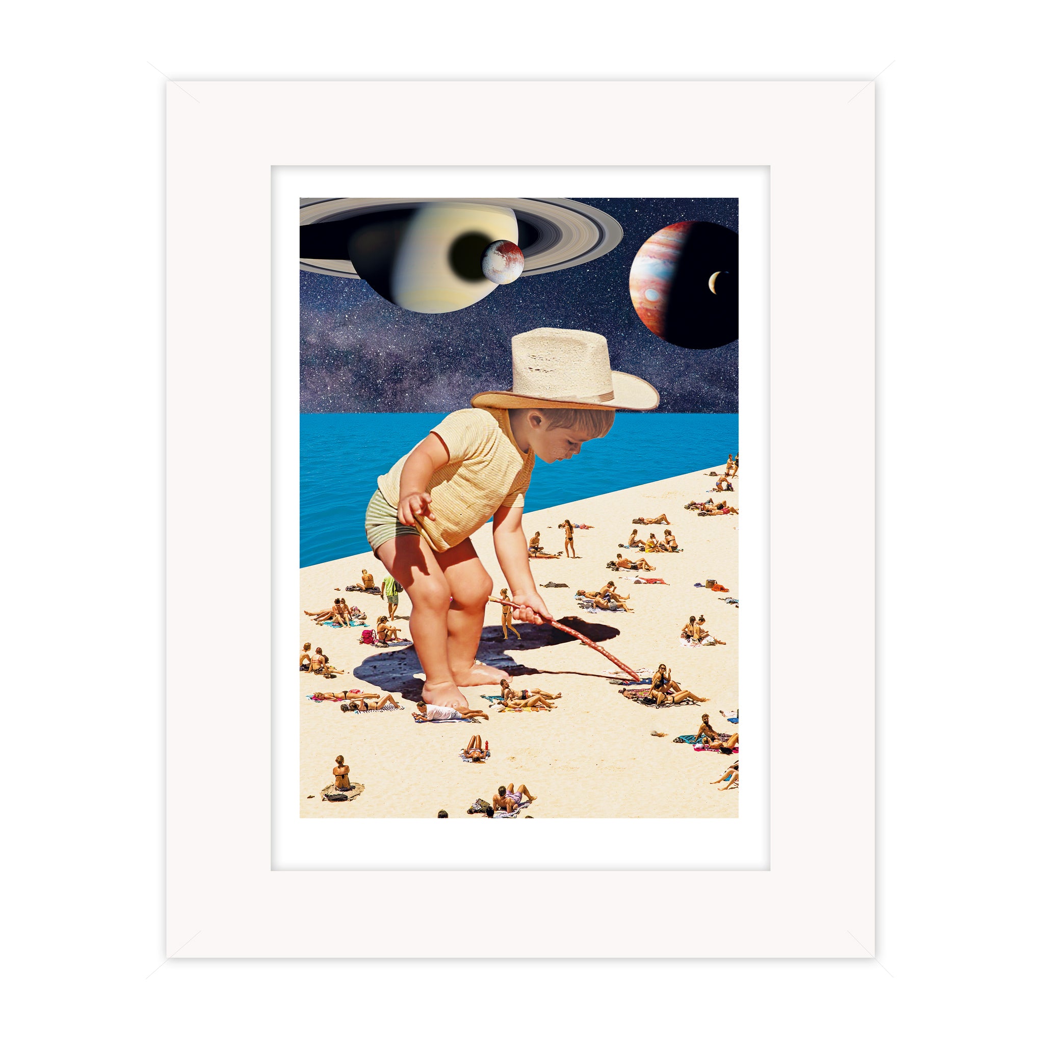 On the beach collage mounted giclee print showing a child scaled against a crowded beach with planets in the sky, exploring memory and perspective