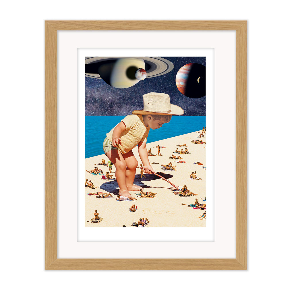 On the beach collage mounted giclee print in natural wood frame with white mount, combining nostalgic beach imagery with surreal changes in scale