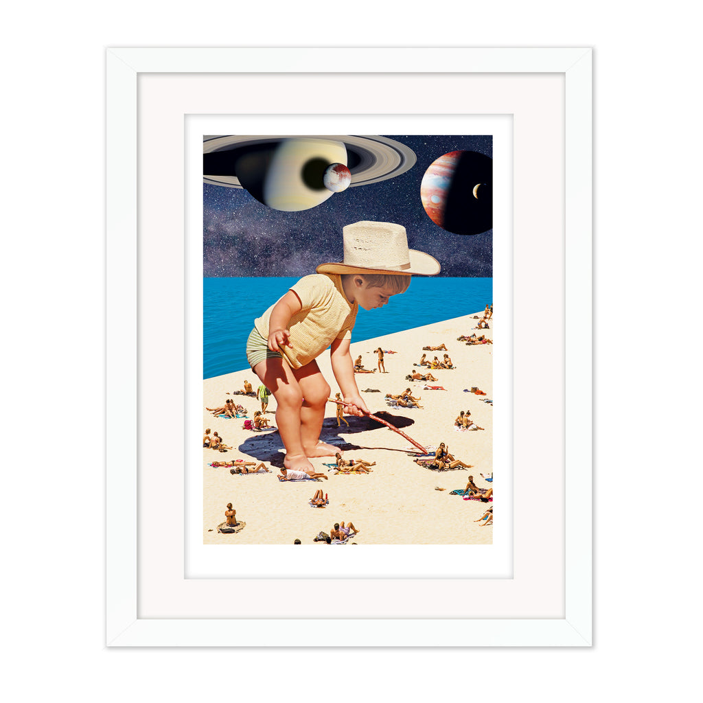 On the beach collage mounted giclee print in white frame with white mount, showing a playful yet unsettling seaside collage with cosmic imagery