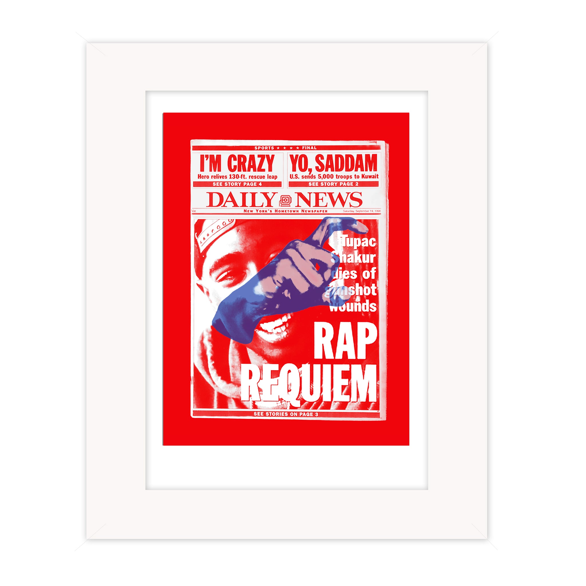 Rap Requiem mounted giclee print by Bravespears, featuring a red newspaper-style collage about Tupac Shakur with a blue Crips gang sign.