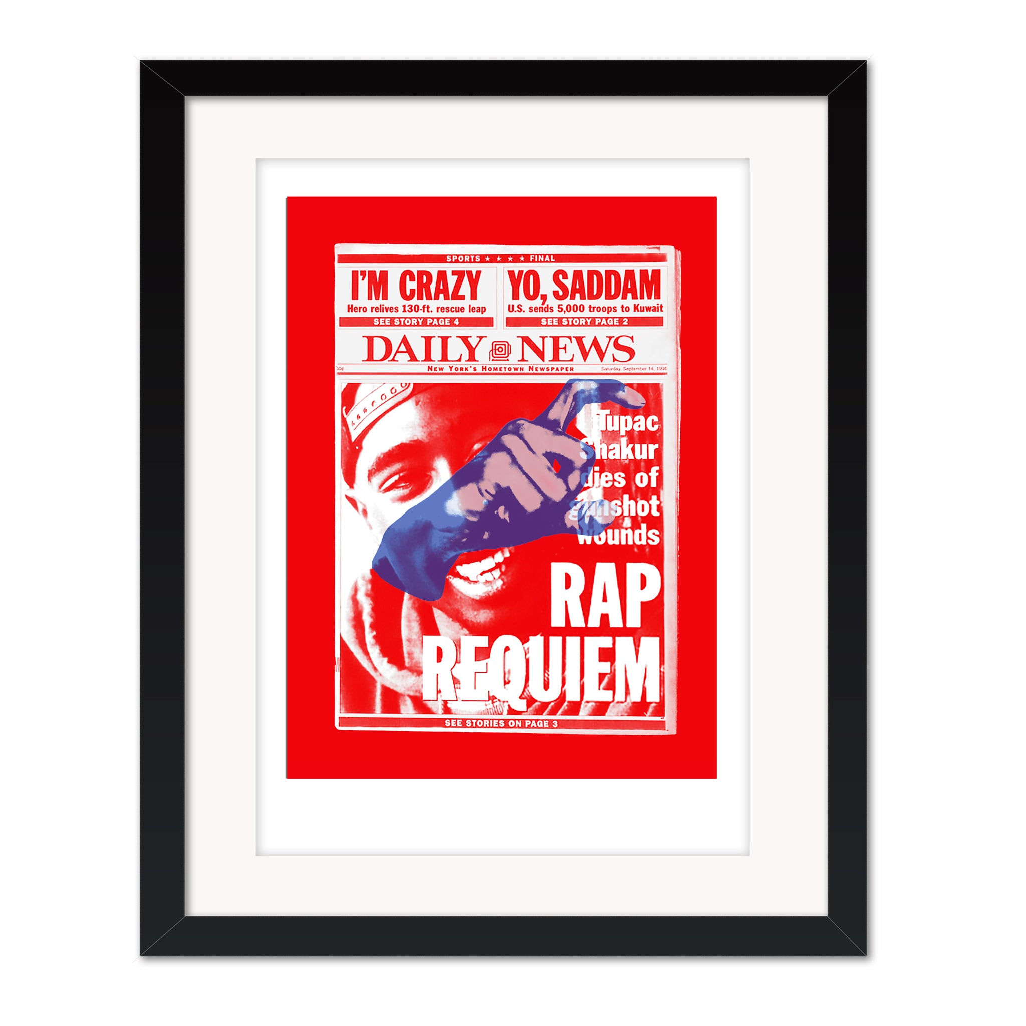 Rap Requiem mounted giclee print by Bravespears in a black frame with picture glass, showing a red Tupac Shakur newspaper collage with a blue Crips gang sign.