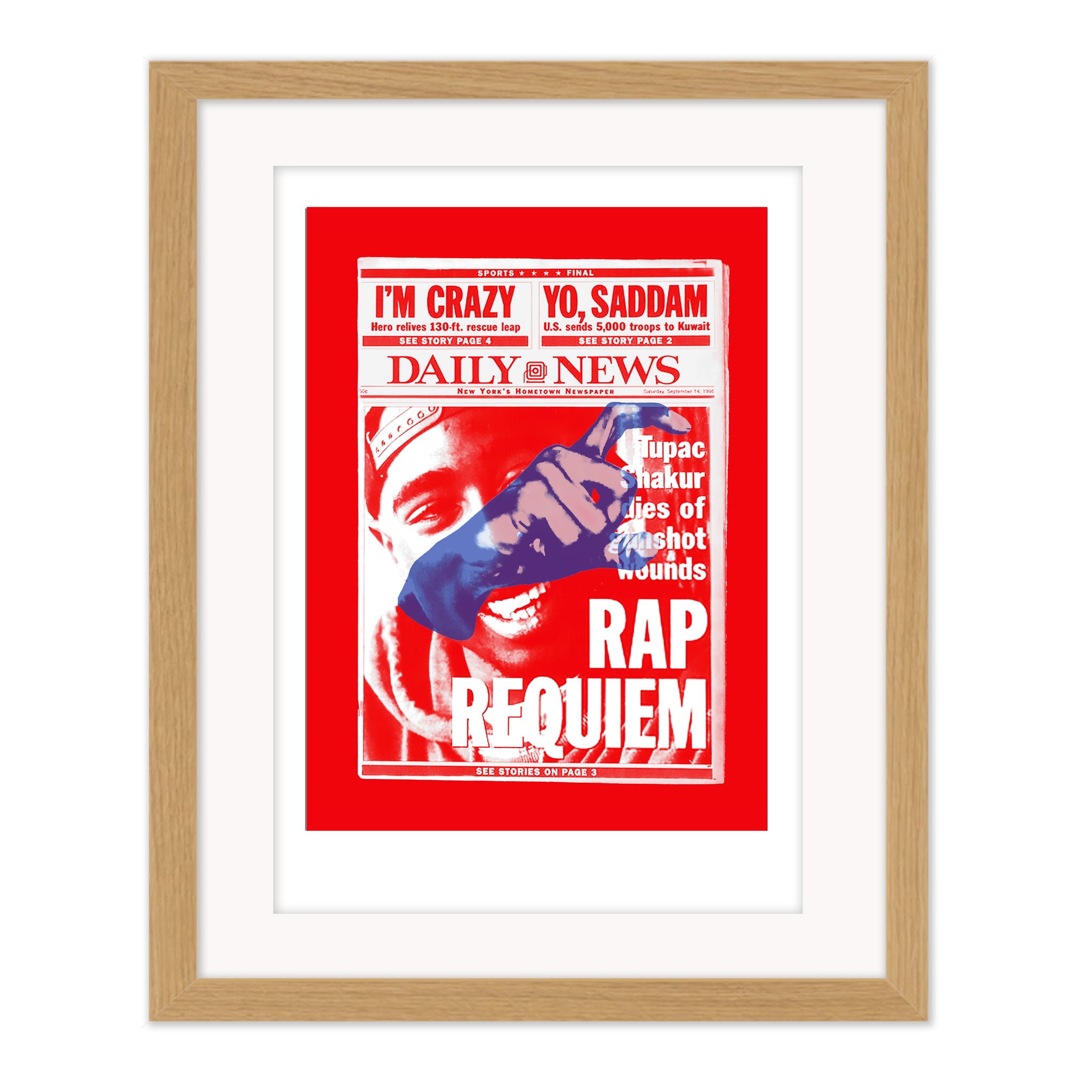 Rap Requiem mounted giclee print by Bravespears in a natural wood frame with picture glass, featuring a red collage print about Tupac Shakur.