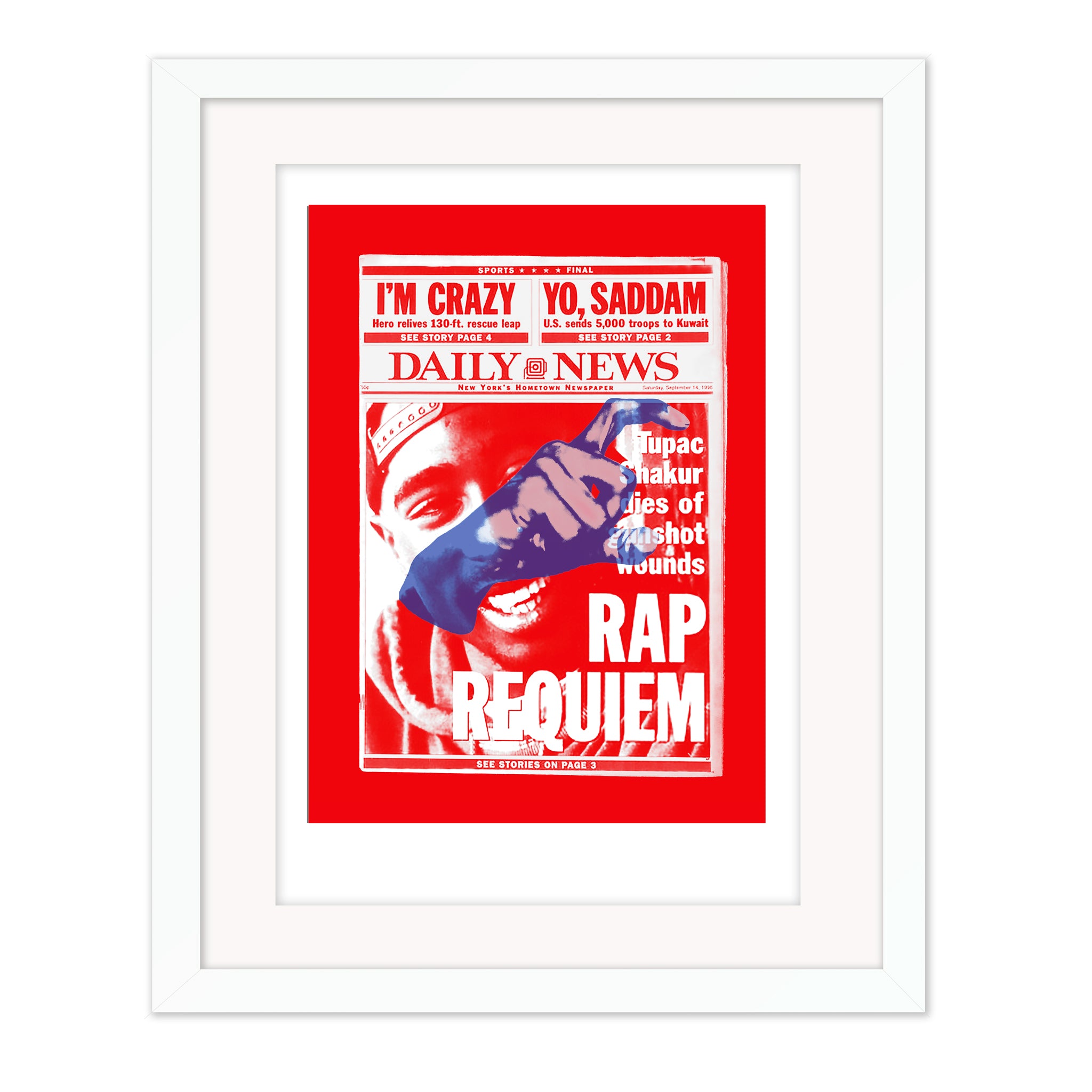 Rap Requiem mounted giclee print by Bravespears in a white frame with picture glass, showing a red newspaper-style Tupac Shakur collage with blue gang symbolism.