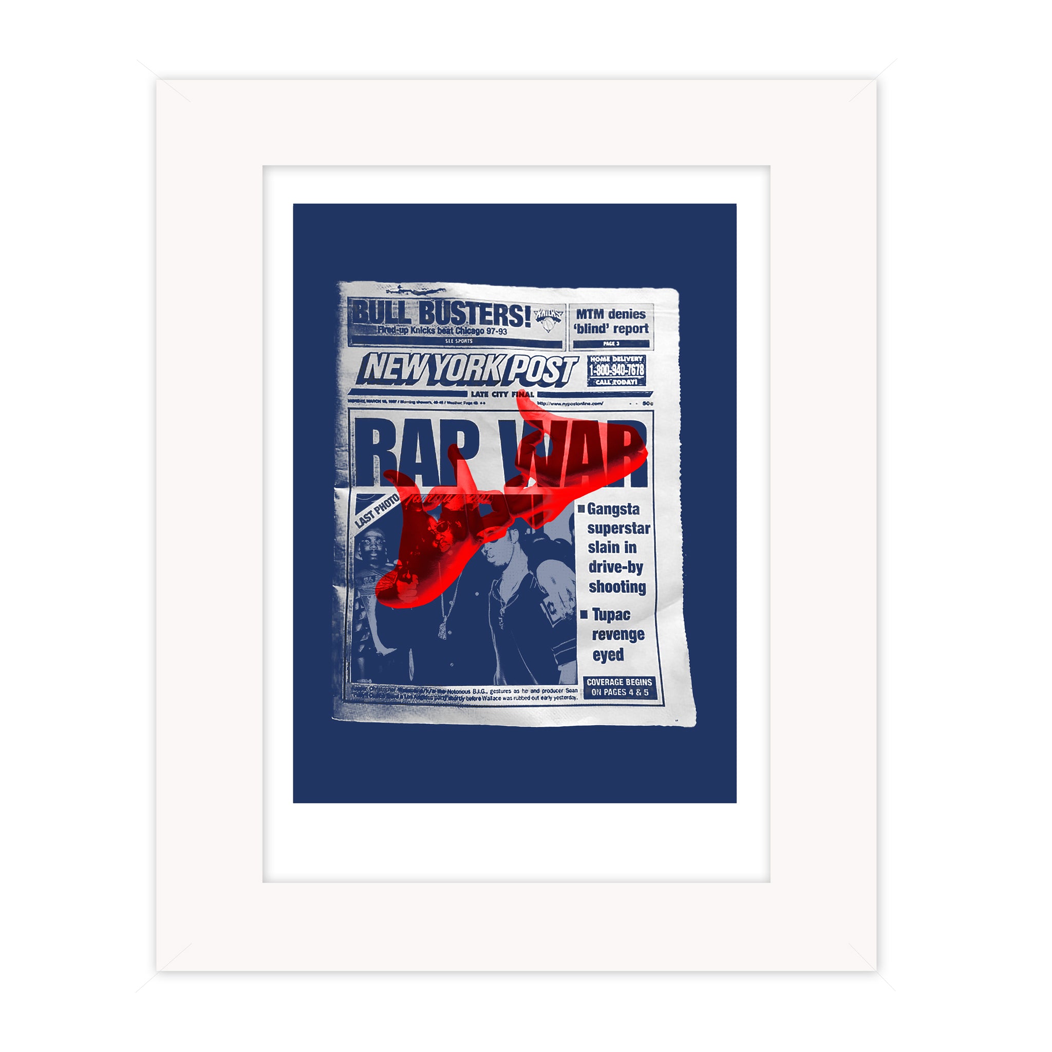 Rap War mounted giclee print by Bravespears, featuring a blue newspaper-style collage about Biggie Smalls with a red Bloods gang sign.