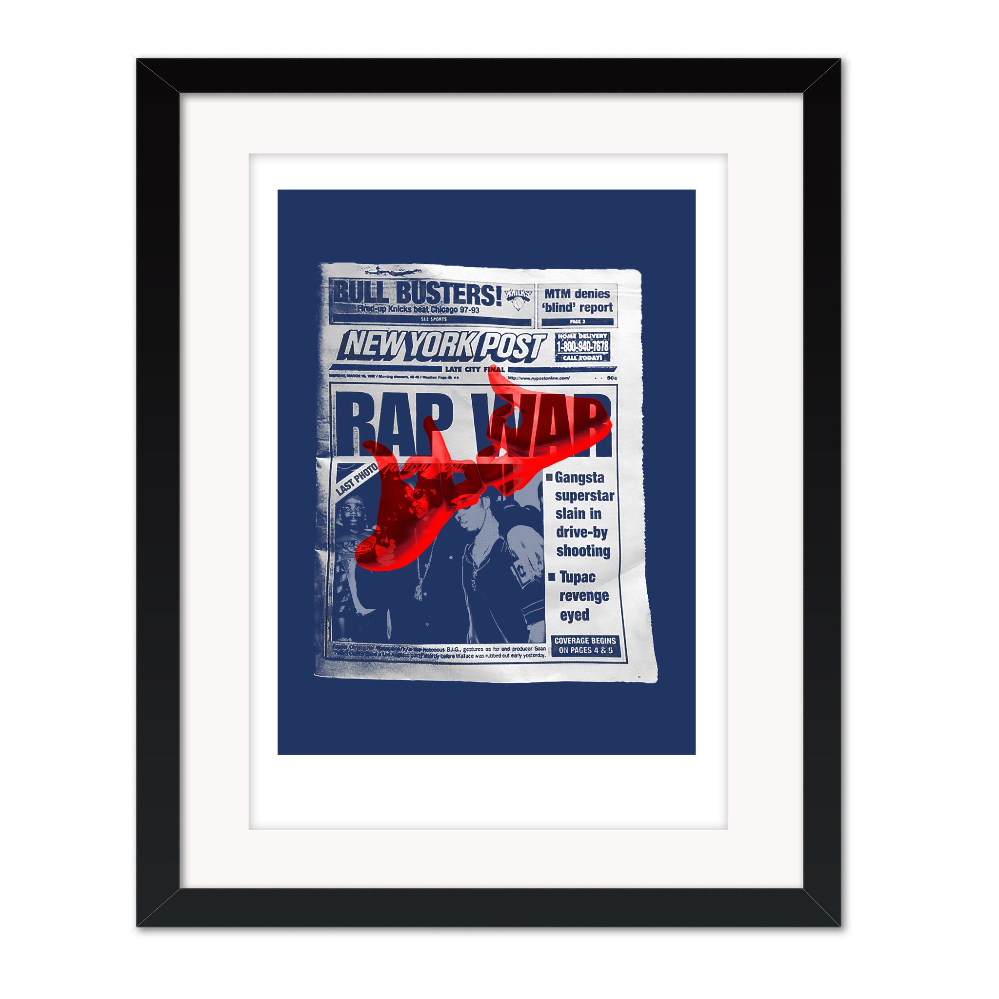 Rap War mounted giclee print by Bravespears in a black frame with picture glass, showing a blue Biggie Smalls newspaper collage with a red Bloods gang sign.