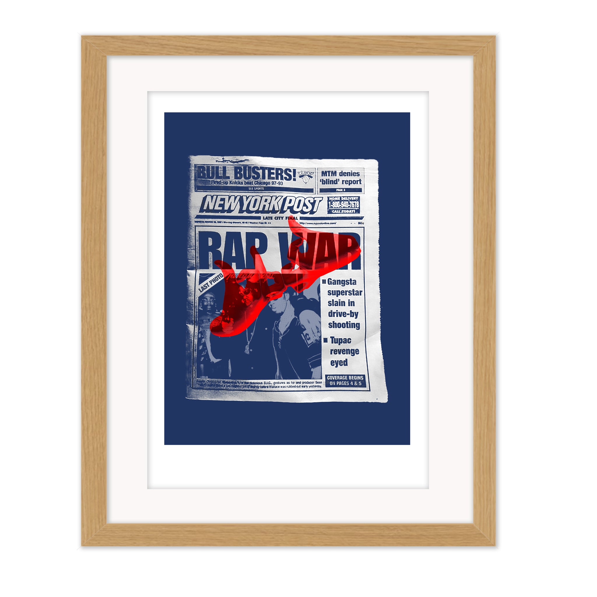 Rap War mounted giclee print by Bravespears in a natural wood frame with picture glass, featuring a blue collage print about Biggie Smalls and rap culture.