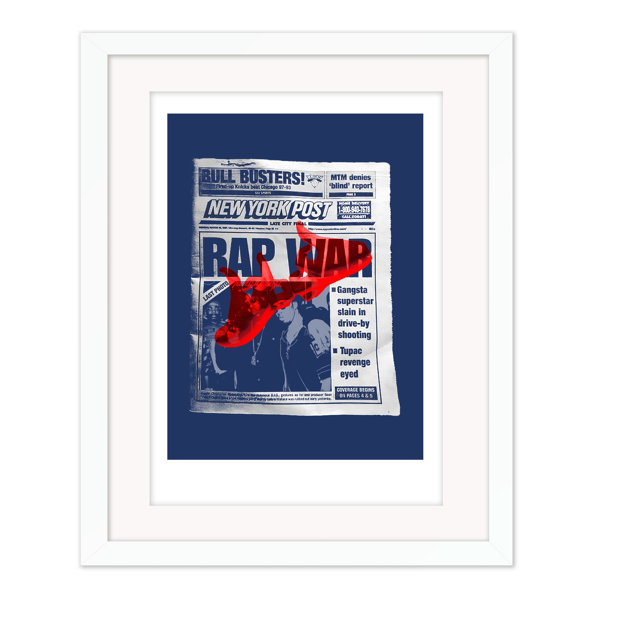 Rap War mounted giclee print by Bravespears in a white frame with picture glass, showing a blue newspaper-style Biggie Smalls collage with red gang symbolism.