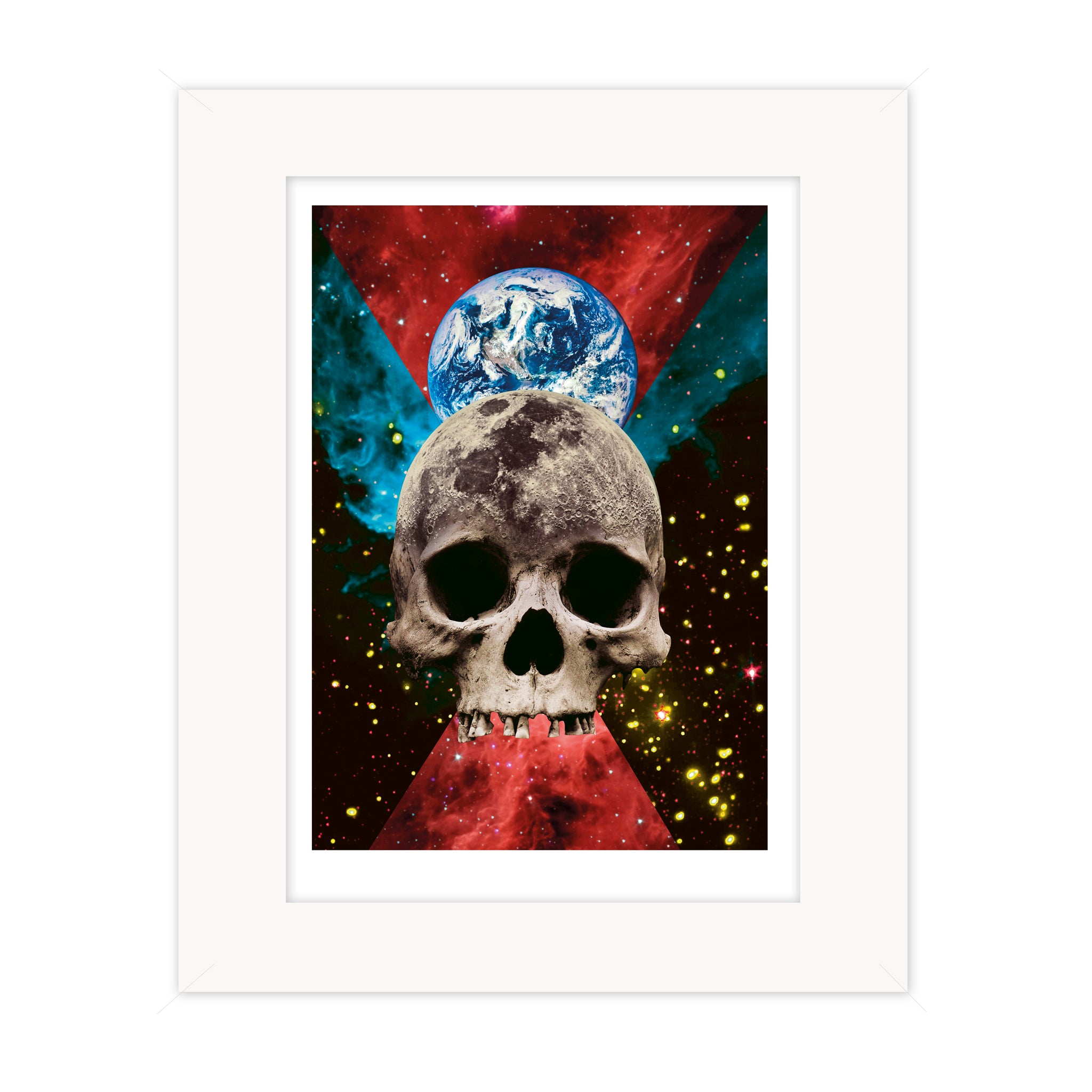Rise collage mounted giclee print showing a skull aligned beneath the Earth against a cosmic background, exploring mortality and transformation