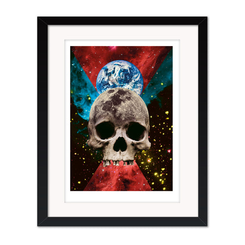 Rise collage mounted giclee print in black frame with white mount, featuring a skull and planetary imagery arranged in a bold geometric composition