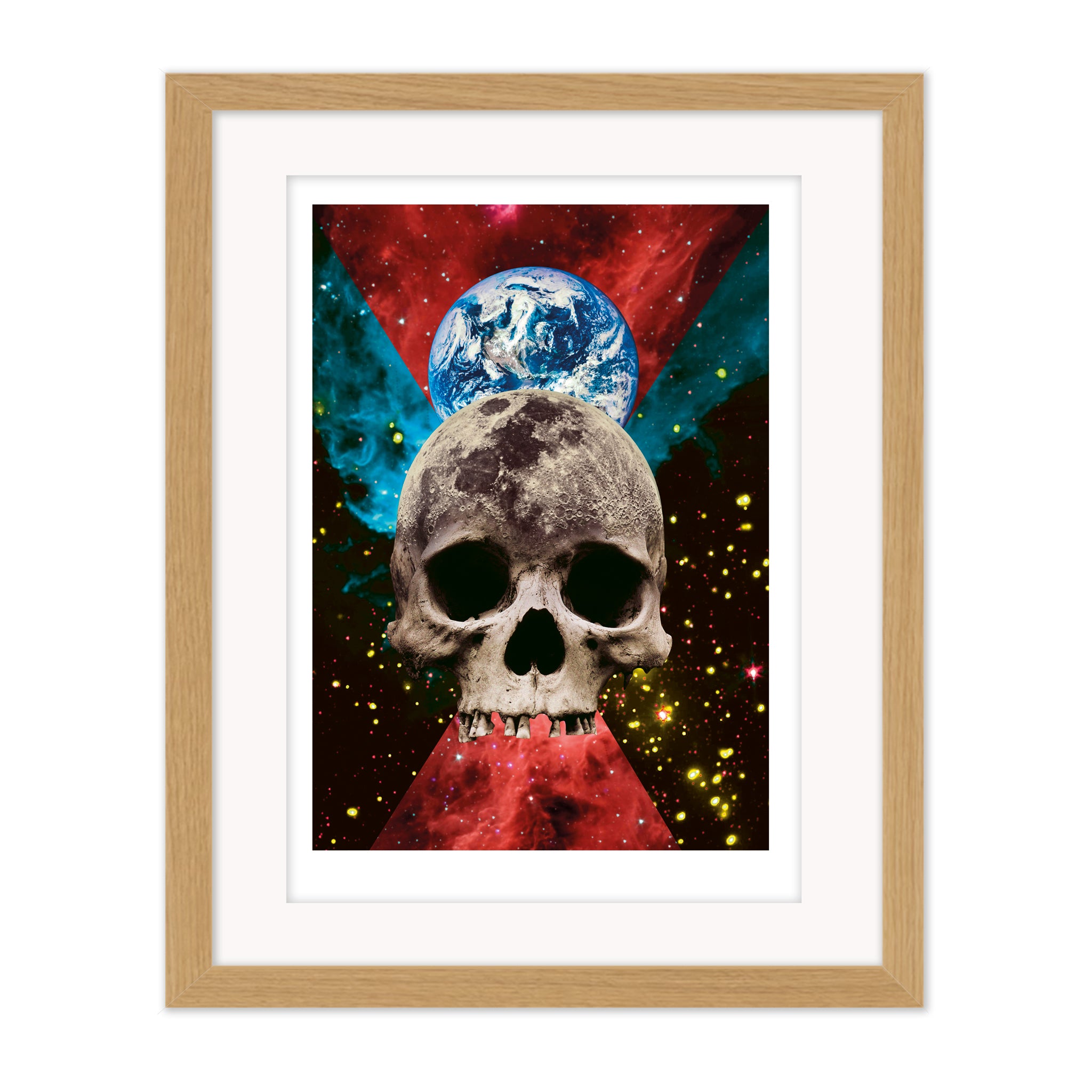 Rise collage mounted giclee print in natural wood frame with white mount, blending skull imagery and celestial elements to suggest renewal and perspective