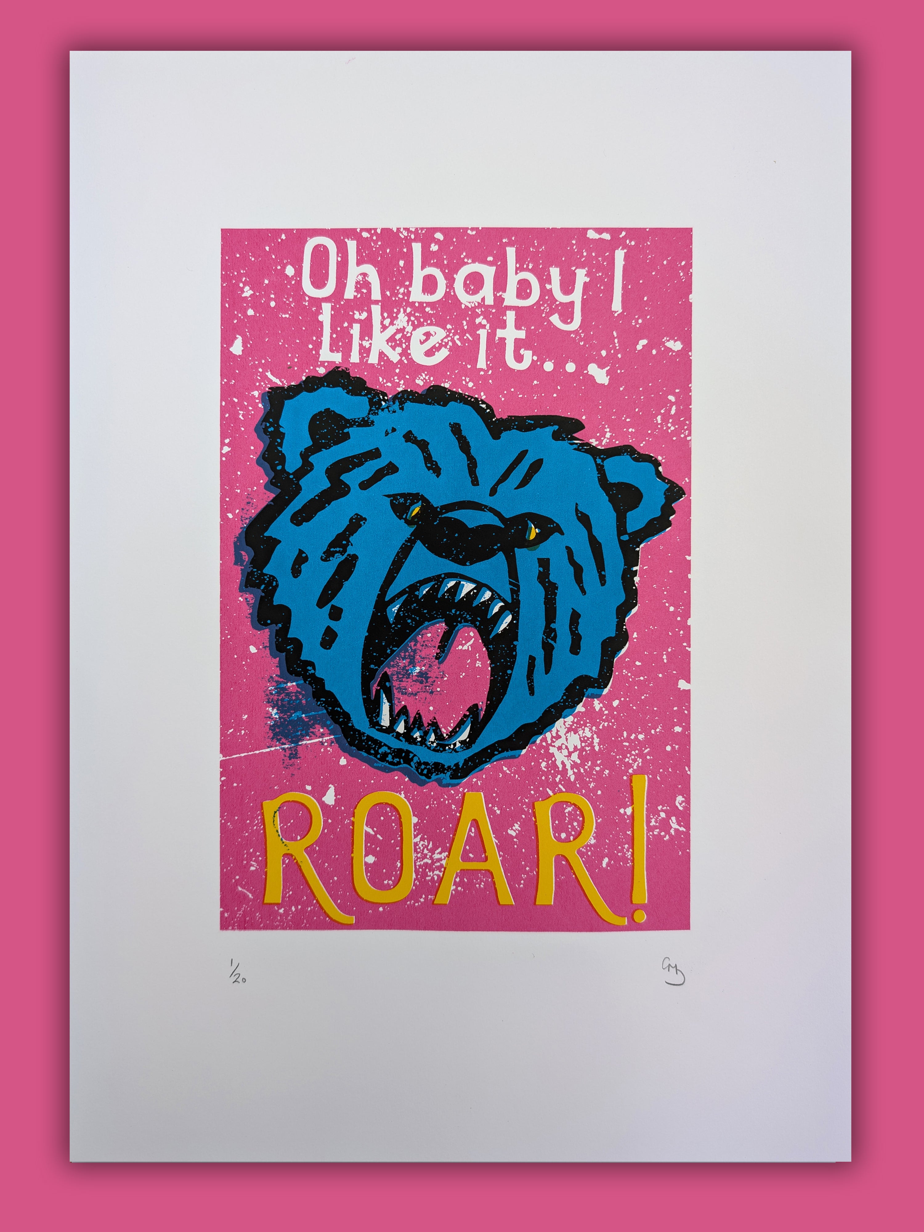 Roar pop art screen print by Gerard McDonagh – bold blue bear on pink background limited edition of 20

Roar contemporary screen print – pop art text and animal design by Gerard McDonagh