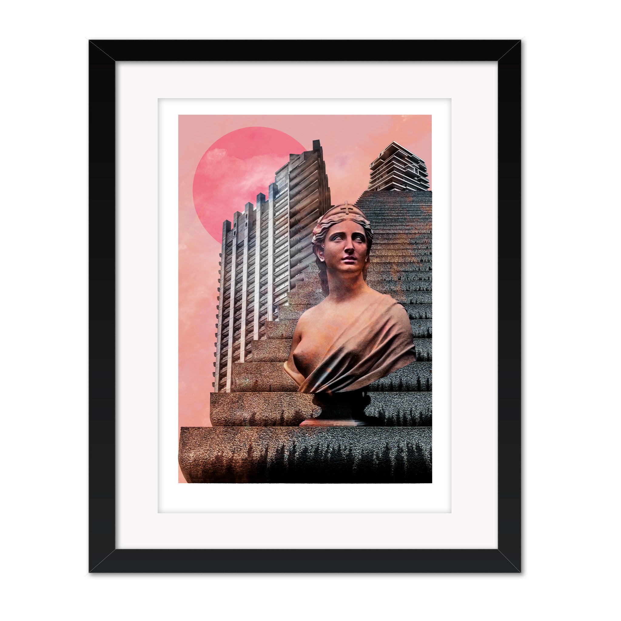 Framed collage artwork Sentinel by Bravespears in a black frame, featuring a classical figure emerging from brutalist architecture