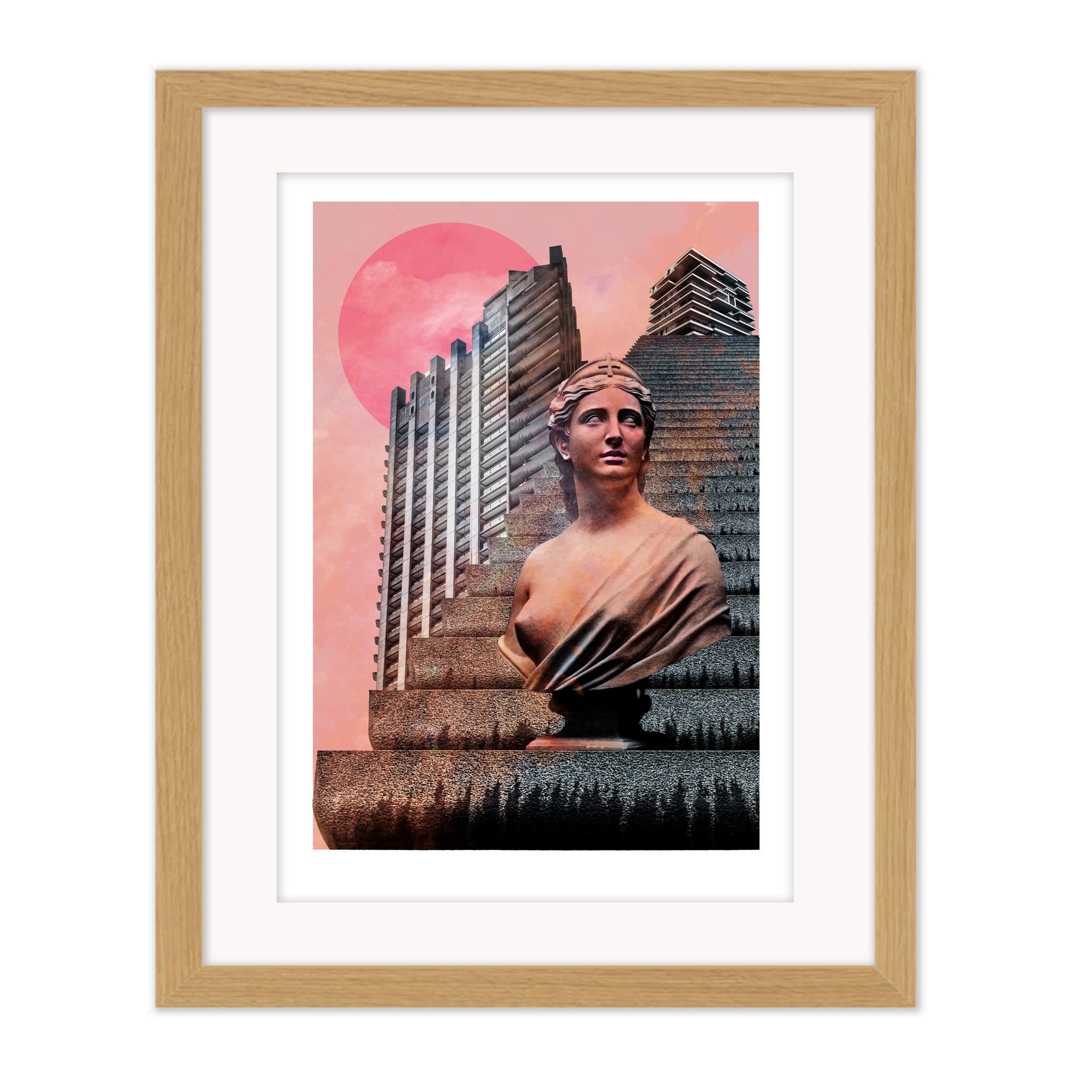 Natural wood framed Sentinel by Bravespears, surreal collage artwork exploring monumentality and urban form