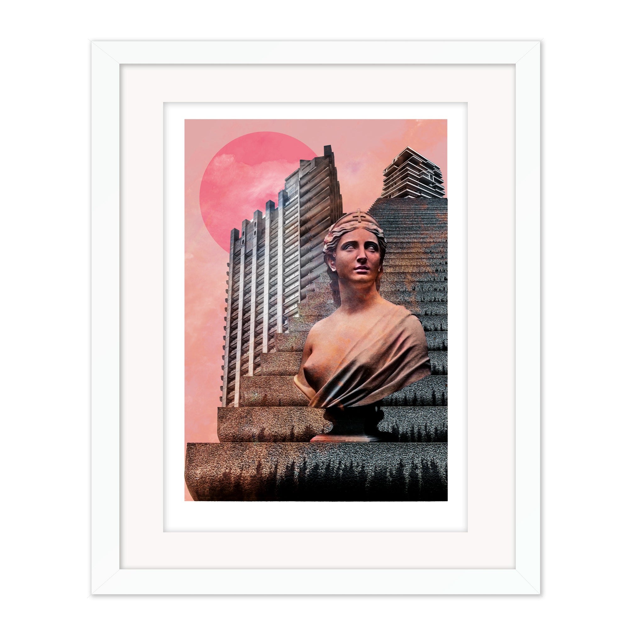 Sentinel by Bravespears displayed in a white frame, a contemporary collage combining classical sculpture and modern city structures