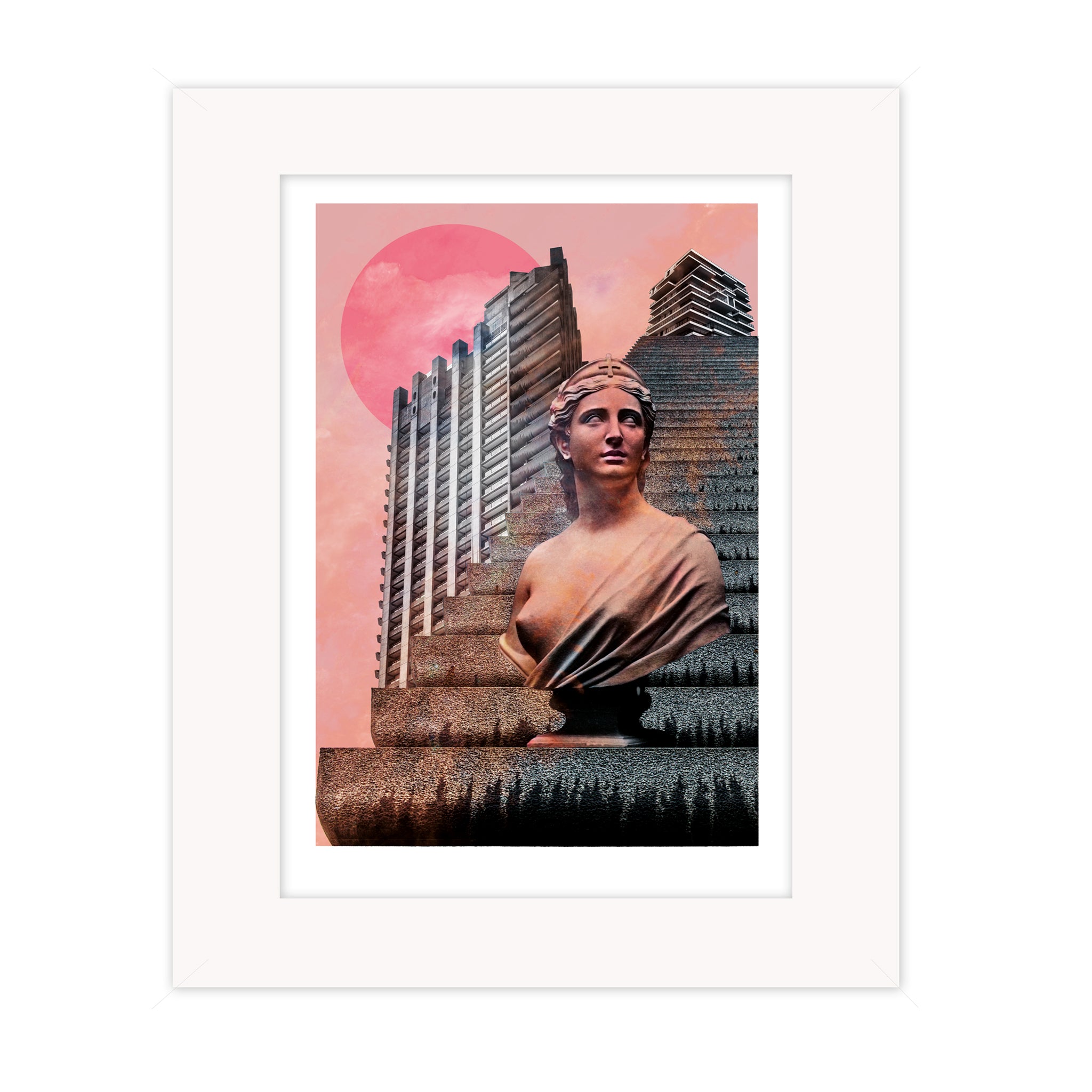 Collage artwork titled Sentinel by Bravespears, showing a classical statue embedded in stepped architectural forms beneath a pink sun, mounted giclee print