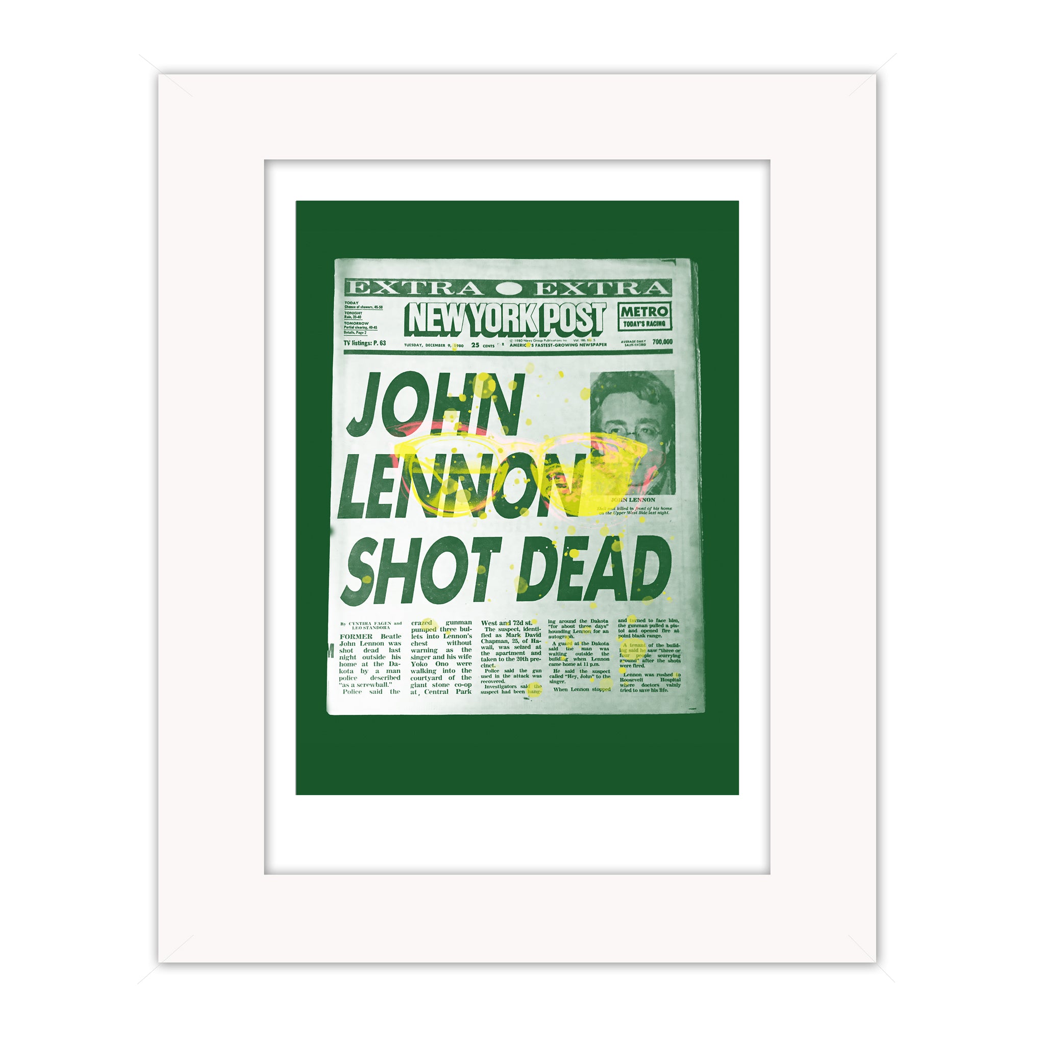Shot Dead mounted giclee print by Bravespears, featuring a green newspaper-style collage about John Lennon with yellow glasses symbolism.