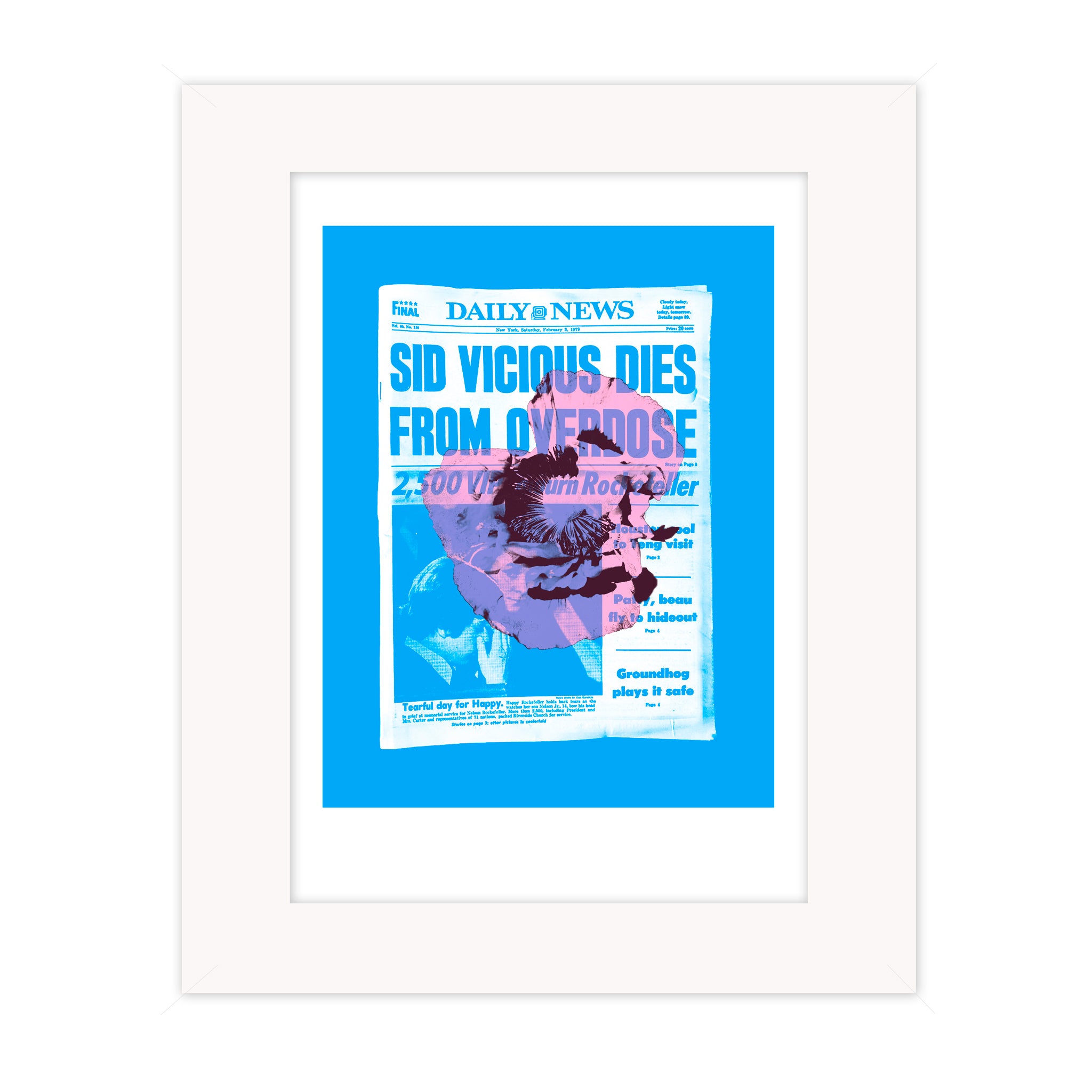 Sid mounted giclee print by Bravespears, featuring a blue newspaper-style collage about Sid Vicious with an opium poppy layered over the headline.