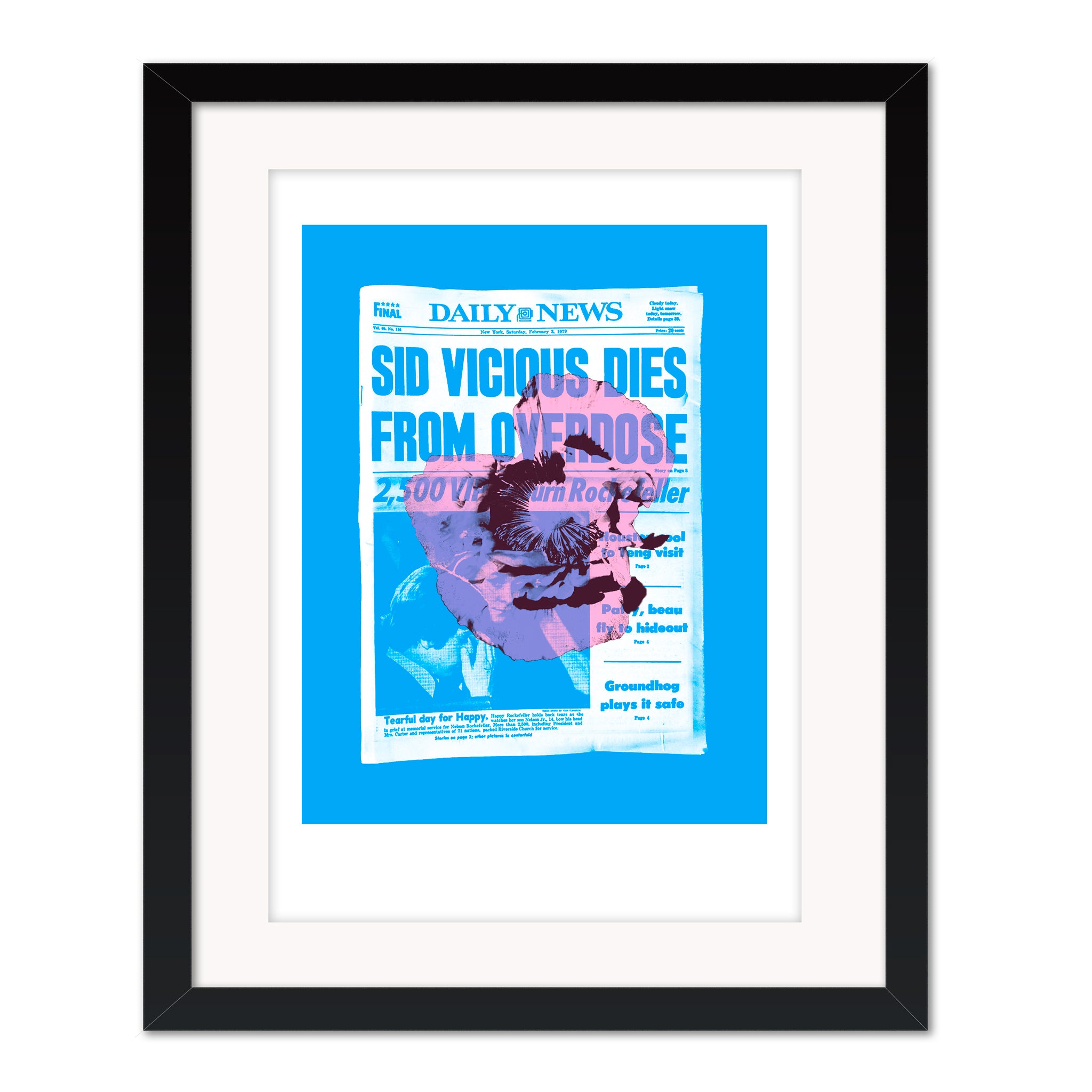 Sid mounted giclee print by Bravespears in a black frame with picture glass, showing a blue Sid Vicious newspaper collage with an opium poppy.