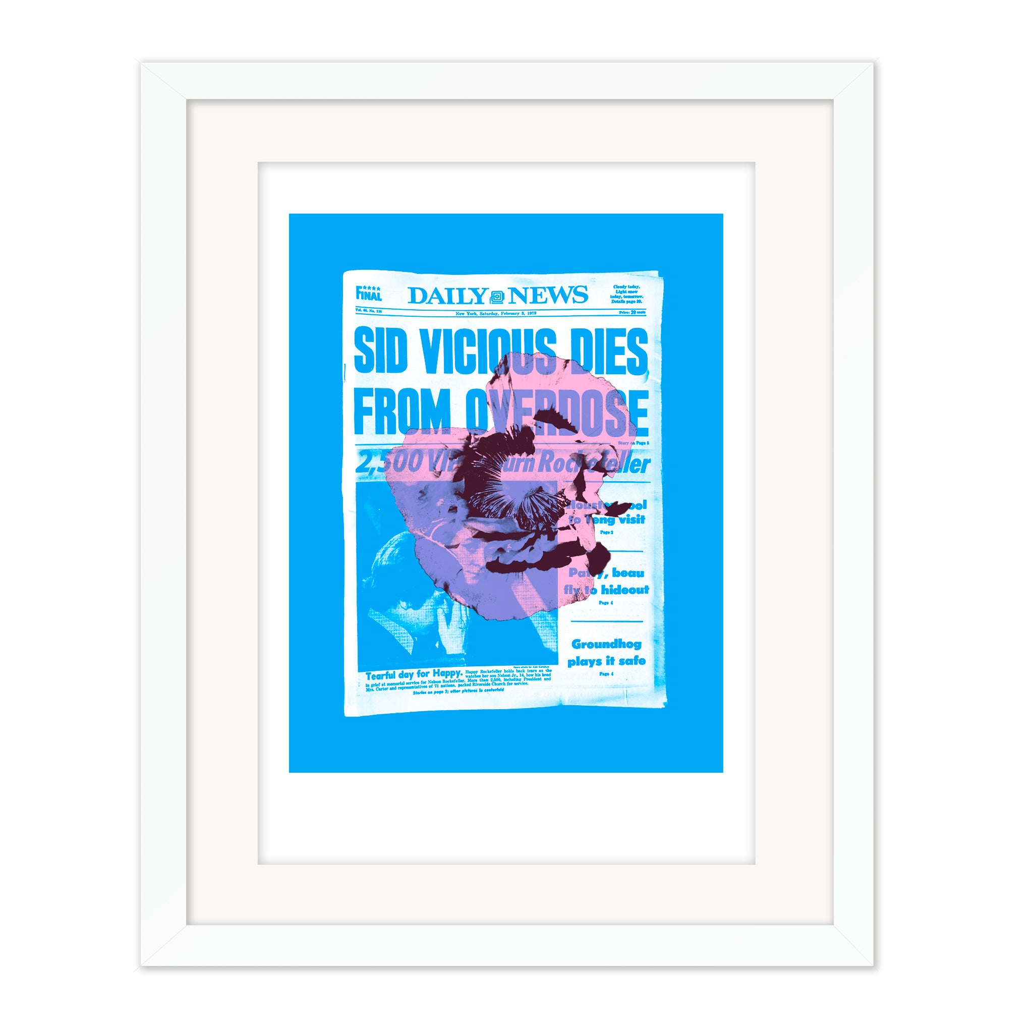 Sid mounted giclee print by Bravespears in a white frame with picture glass, showing a blue newspaper-style Sid Vicious collage with an opium poppy.