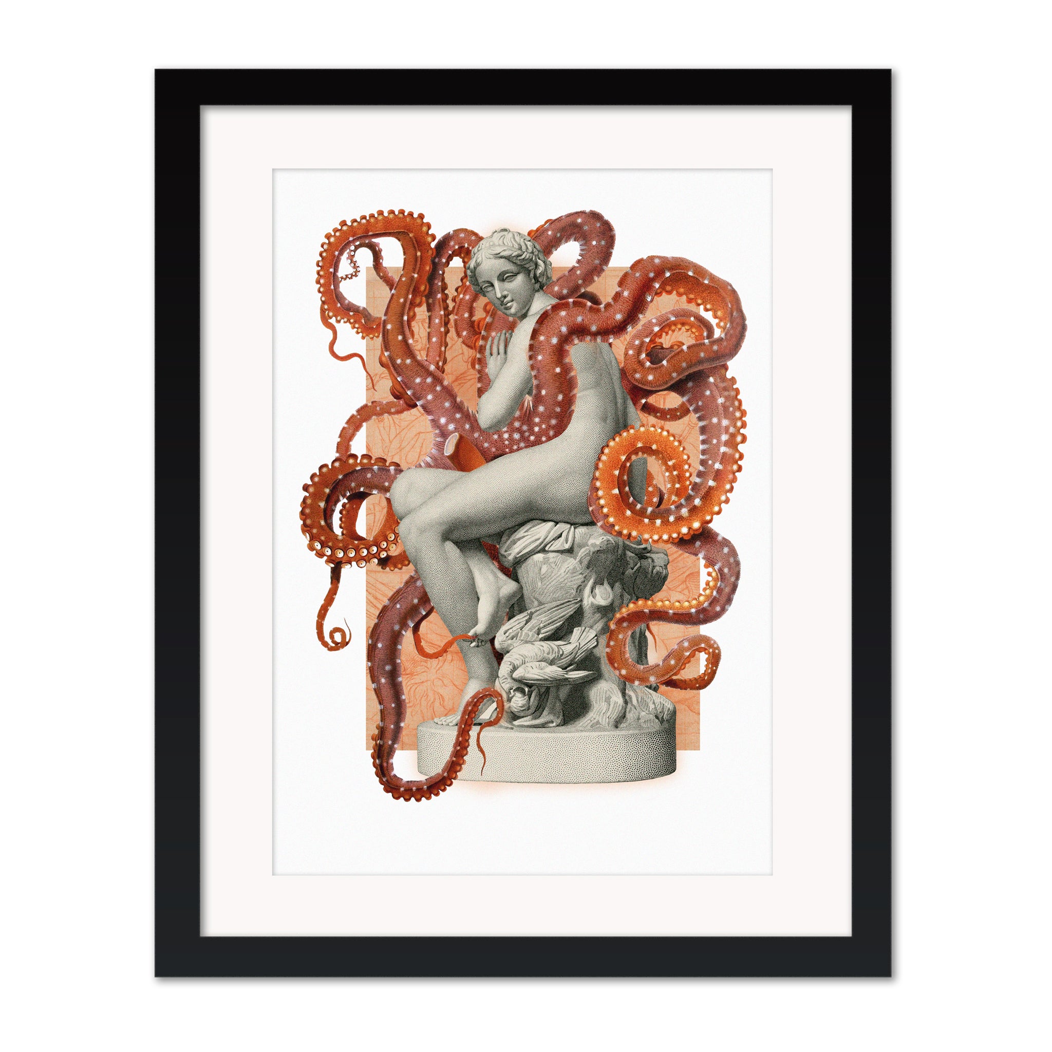 Collage print from the Interrupted Images collection featuring a classical figure interrupted by graphic tentacle forms, shown matted in a black frame