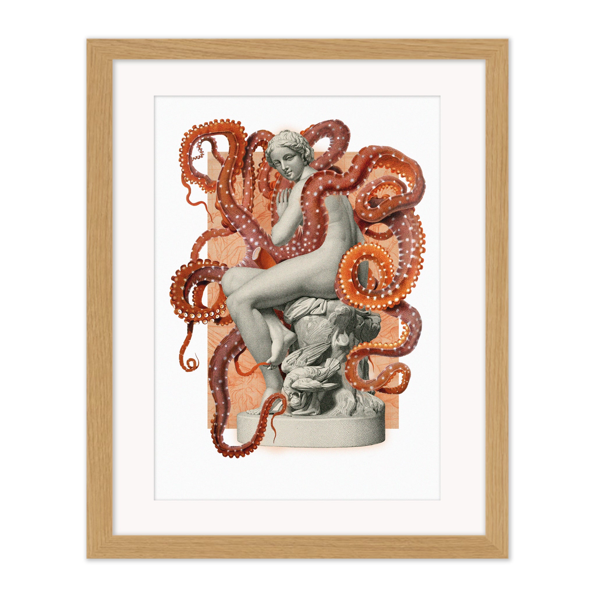 Collage print from the Interrupted Images collection featuring a classical figure interrupted by graphic tentacle forms, shown matted in a natural wood frame