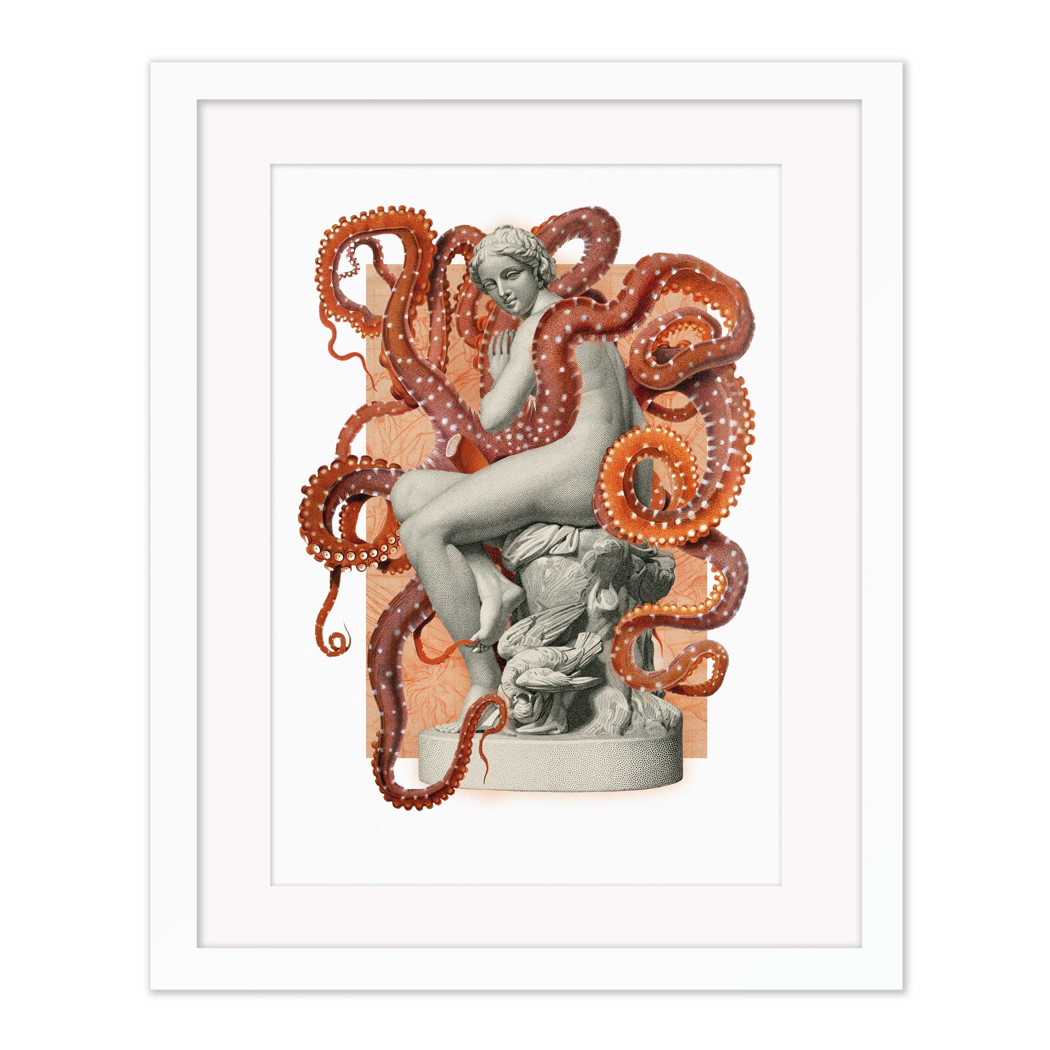Collage print from the Interrupted Images collection featuring a classical figure interrupted by graphic tentacle forms, shown matted in a white frame