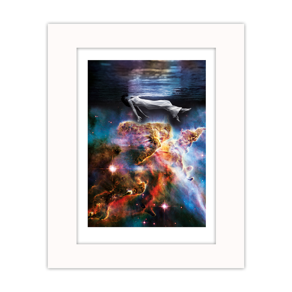 Sleep collage mounted giclée print showing a floating figure beneath water above a glowing cosmic form, exploring rest and the subconscious