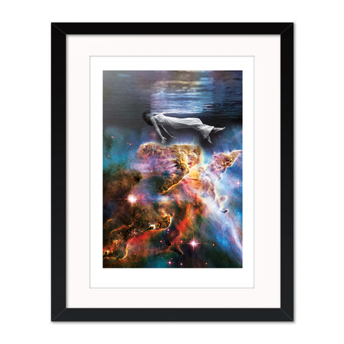 Sleep collage mounted giclée print in black frame with white mount, showing a floating figure suspended beneath water above a cosmic cloud