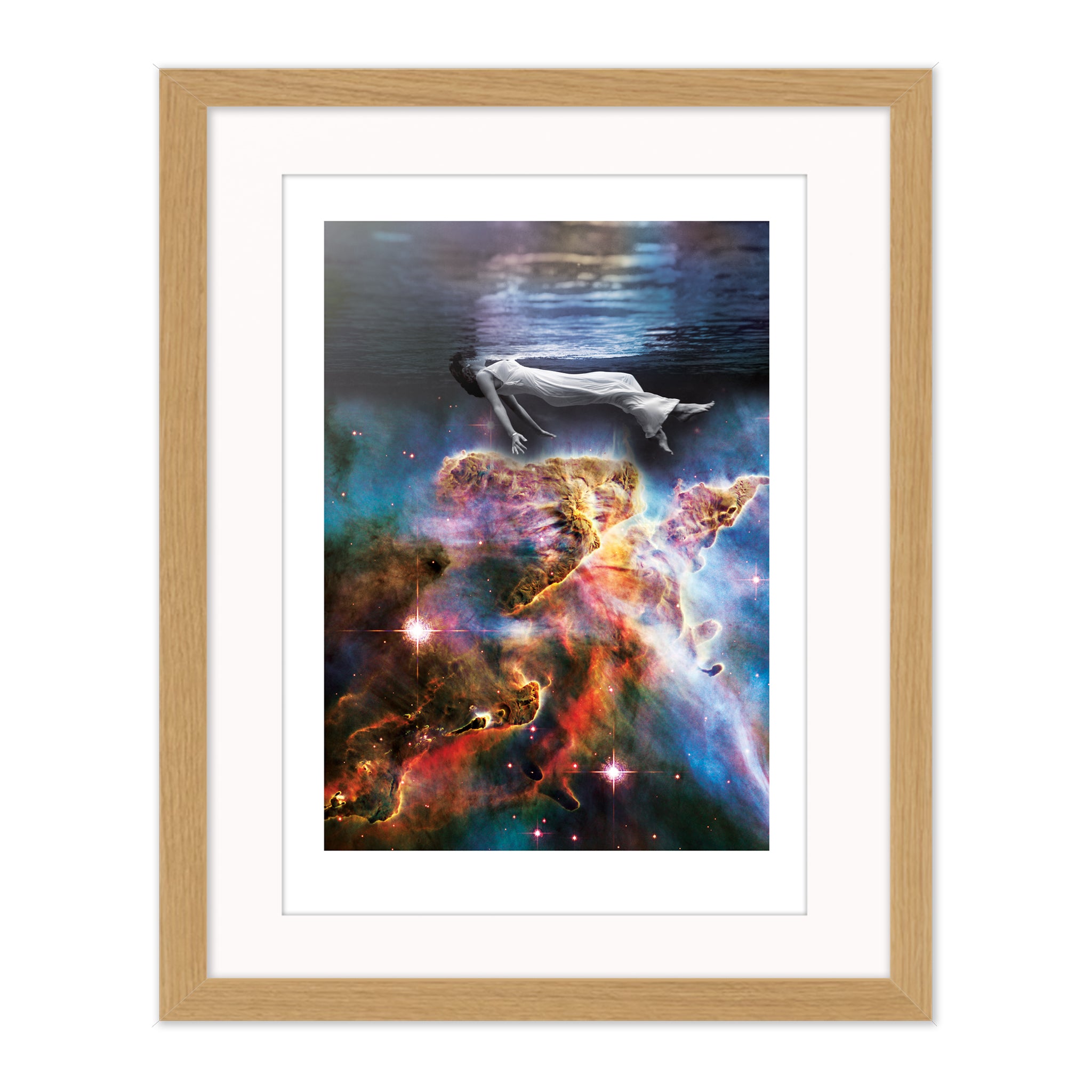 Sleep collage mounted giclee print in natural wood frame with white mount, showing a floating figure and cosmic imagery exploring rest and stillness