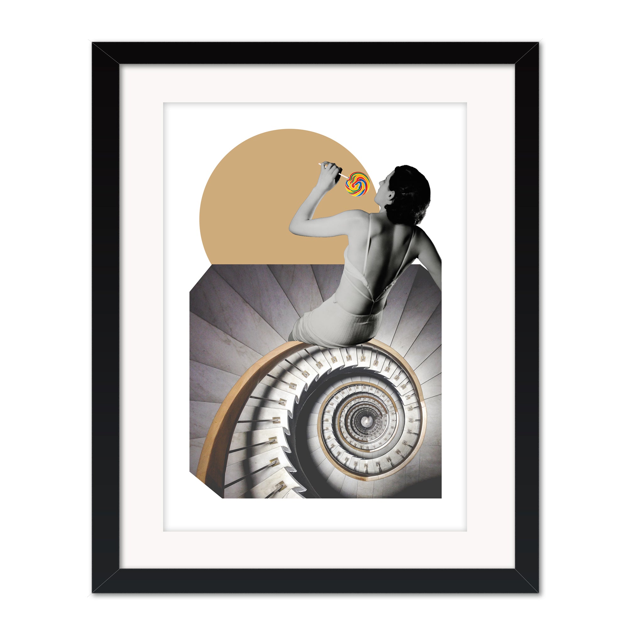 Black framed mounted giclée print of Stairs by Gerard McDonagh, surreal collage artwork with a spiral staircase and seated figure