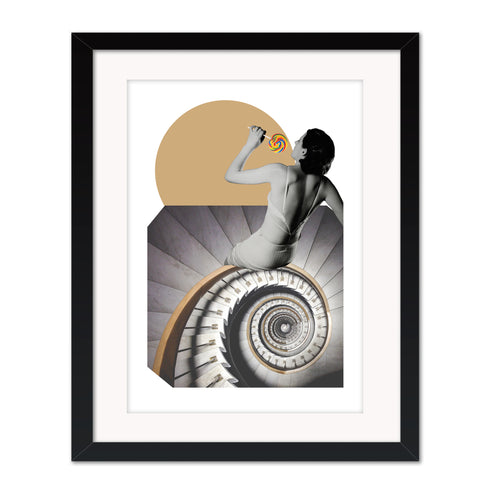 Black framed mounted giclée print of Stairs by Gerard McDonagh, surreal collage artwork with a spiral staircase and seated figure