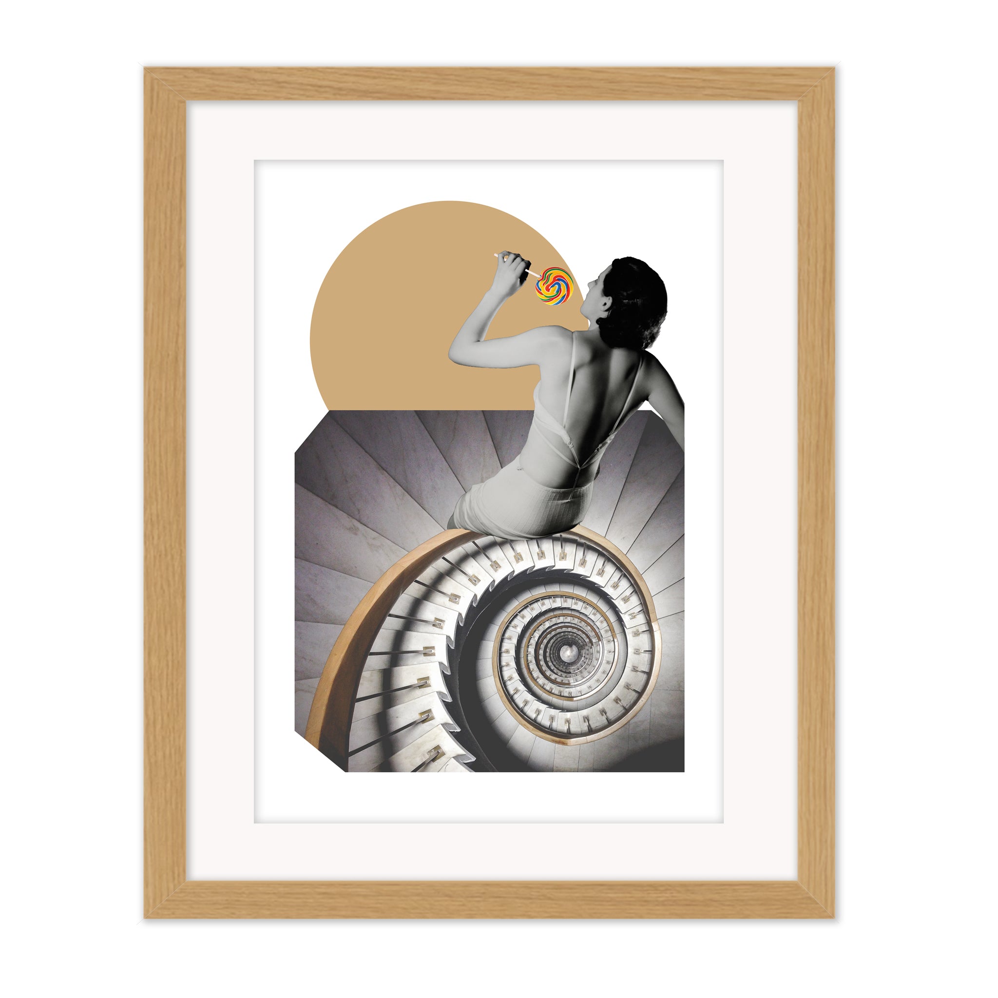 Natural wood framed mounted giclée print of Stairs by Gerard McDonagh, surreal collage artwork with a spiral staircase and seated figure