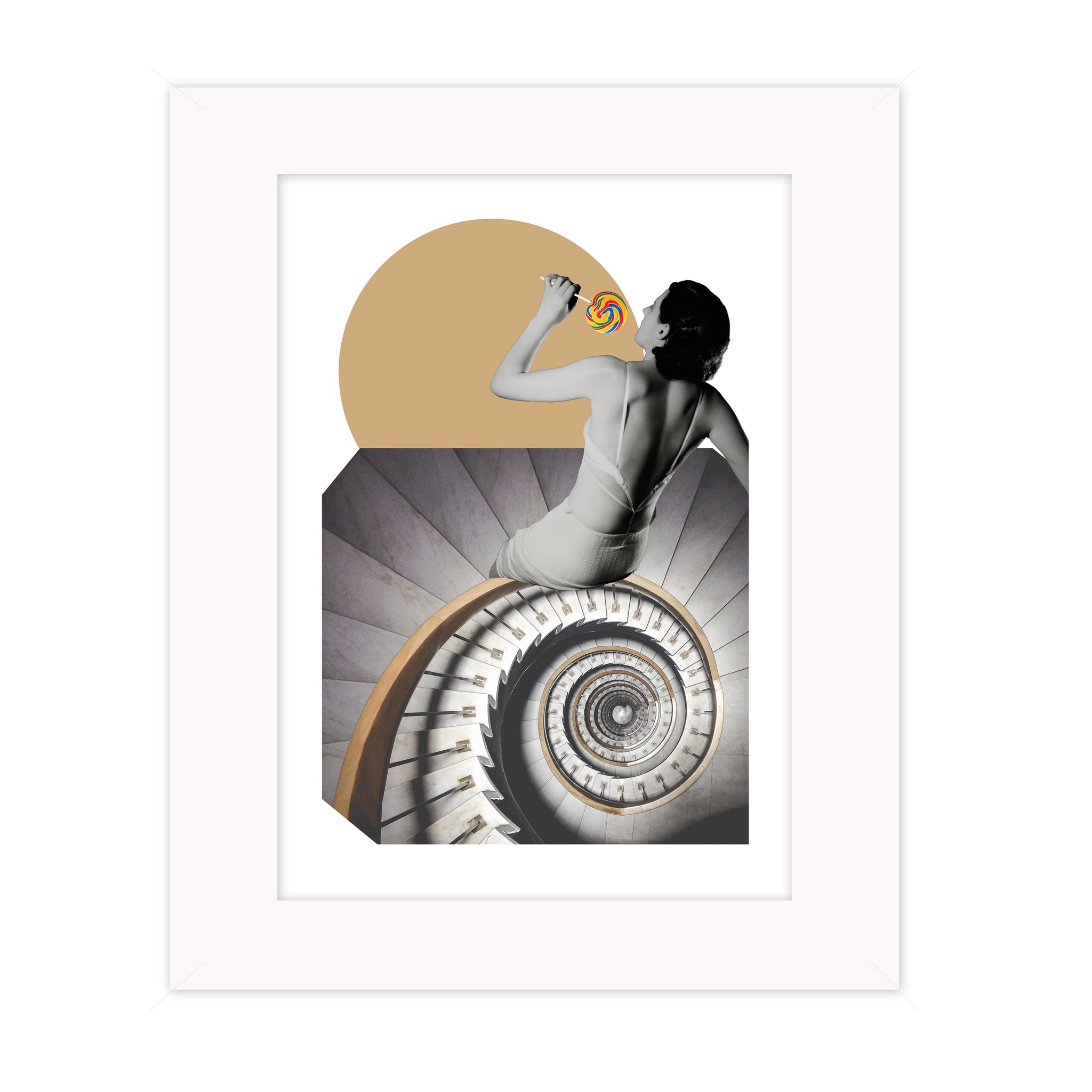 Unframed mounted giclée print of Stairs by Gerard McDonagh, surreal collage artwork with a spiral staircase and seated figure