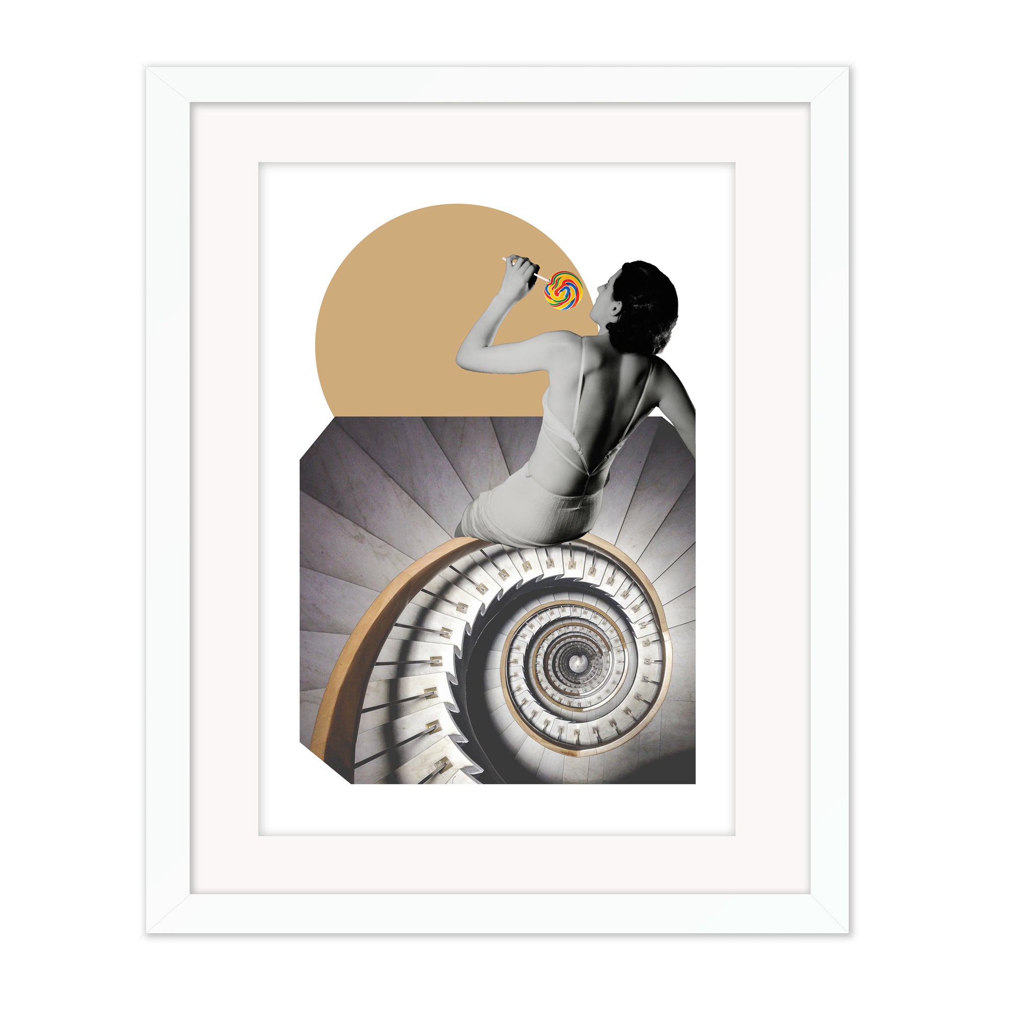 White framed mounted giclée print of Stairs by Gerard McDonagh, surreal collage artwork with a spiral staircase and seated figure