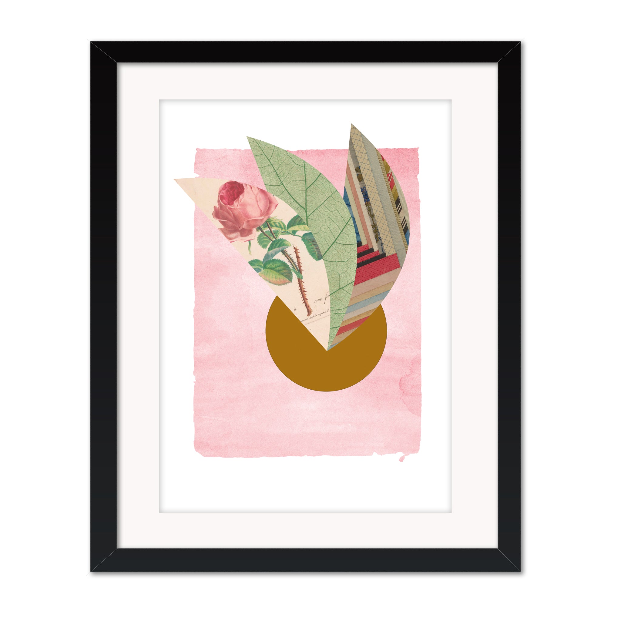 Framed collage artwork Still by Bravespears in a black frame, showing botanical forms and geometric shapes in a calm balanced composition