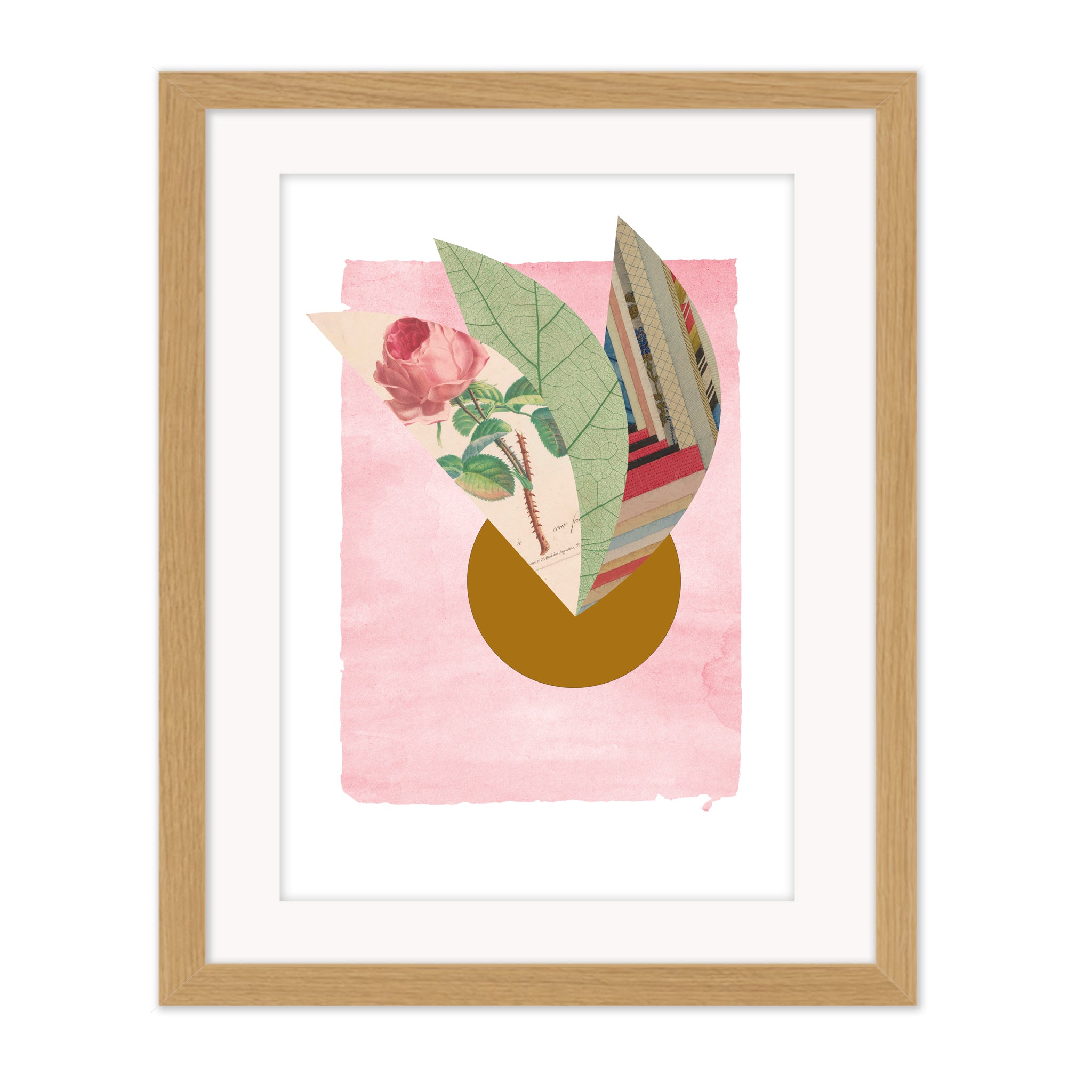 Natural wood framed Still by Bravespears, a contemporary collage artwork combining leaves, paper textures and geometric shapes