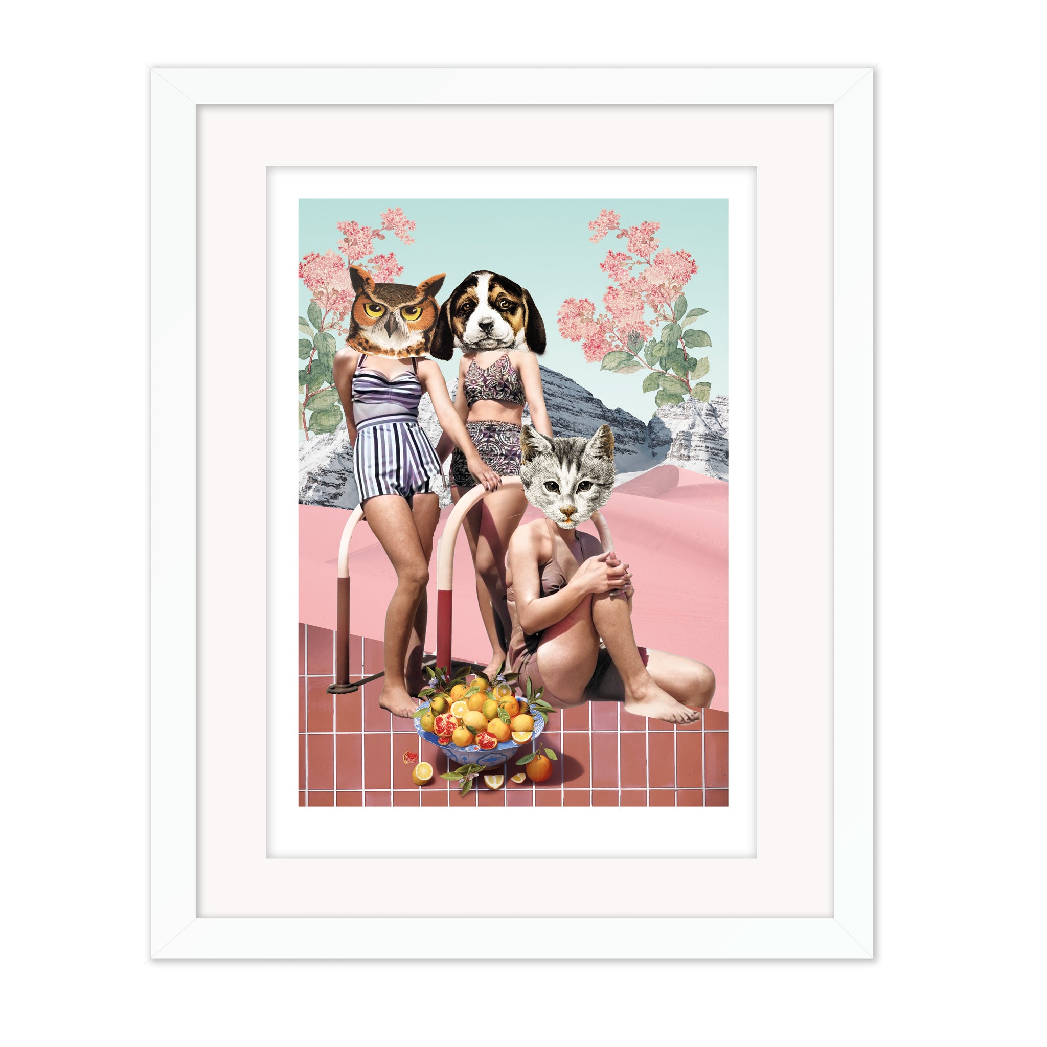 Framed artwork of three animals sitting on a bench with a fruit basket, surrounded by flowers and mountains.