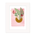 Collage artwork titled Still by Bravespears, featuring layered botanical shapes and paper textures on a soft pink background, mounted giclee print