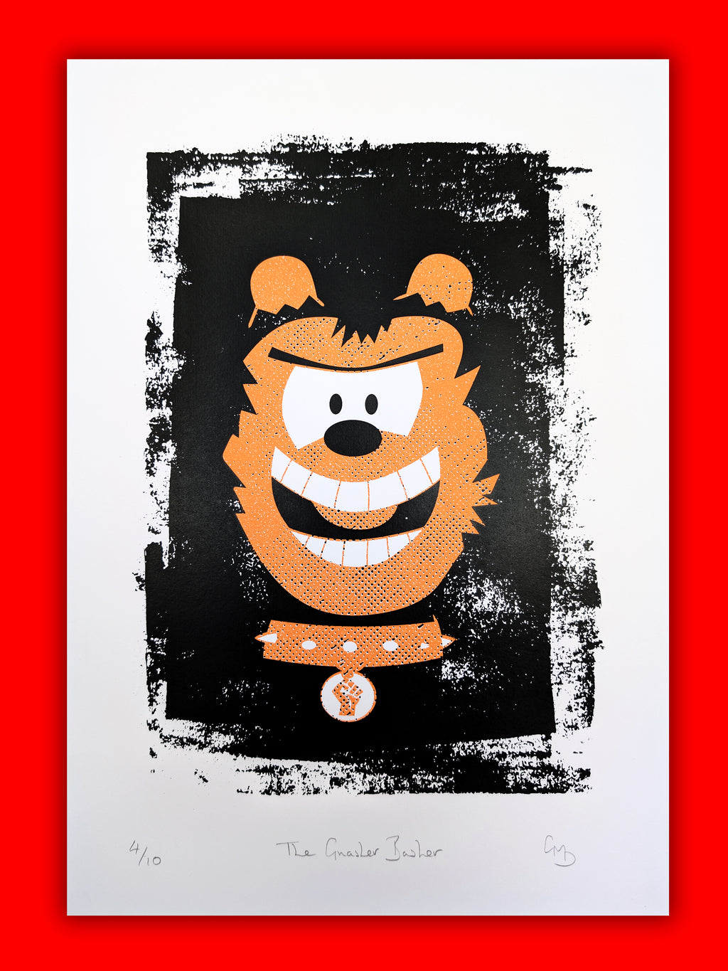 Gnasher Basher satirical pop art screen print by Gerard McDonagh – comic-inspired artwork

Contemporary screen print Gnasher Basher – Beano-inspired limited edition art
