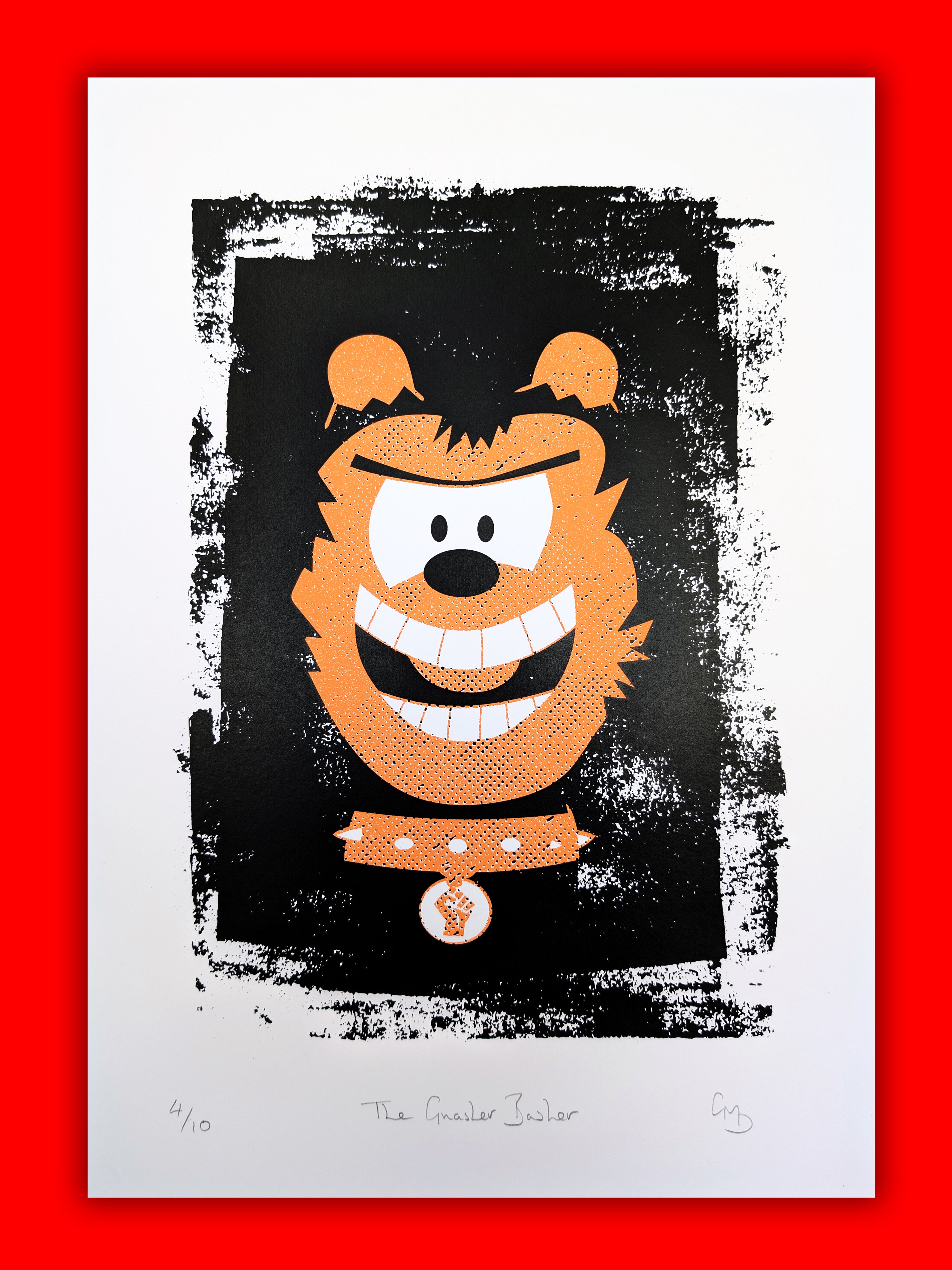 Gnasher Basher satirical pop art screen print by Gerard McDonagh – comic-inspired artwork

Contemporary screen print Gnasher Basher – Beano-inspired limited edition art
