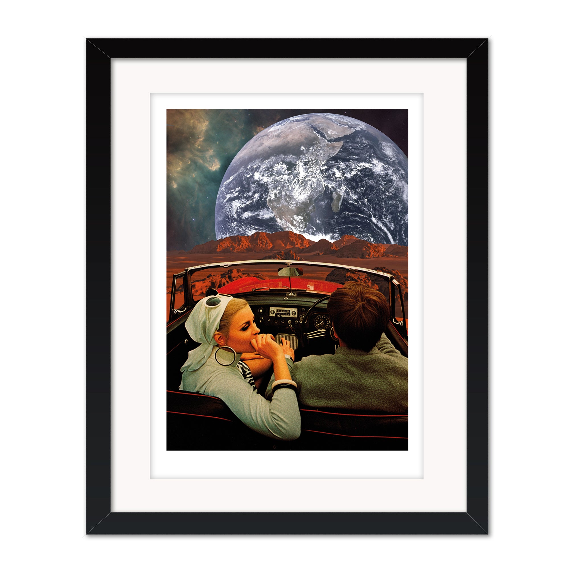 Framed version of Trip by Bravespears in a black frame, surreal collage of a couple driving through an otherworldly landscape beneath a planet