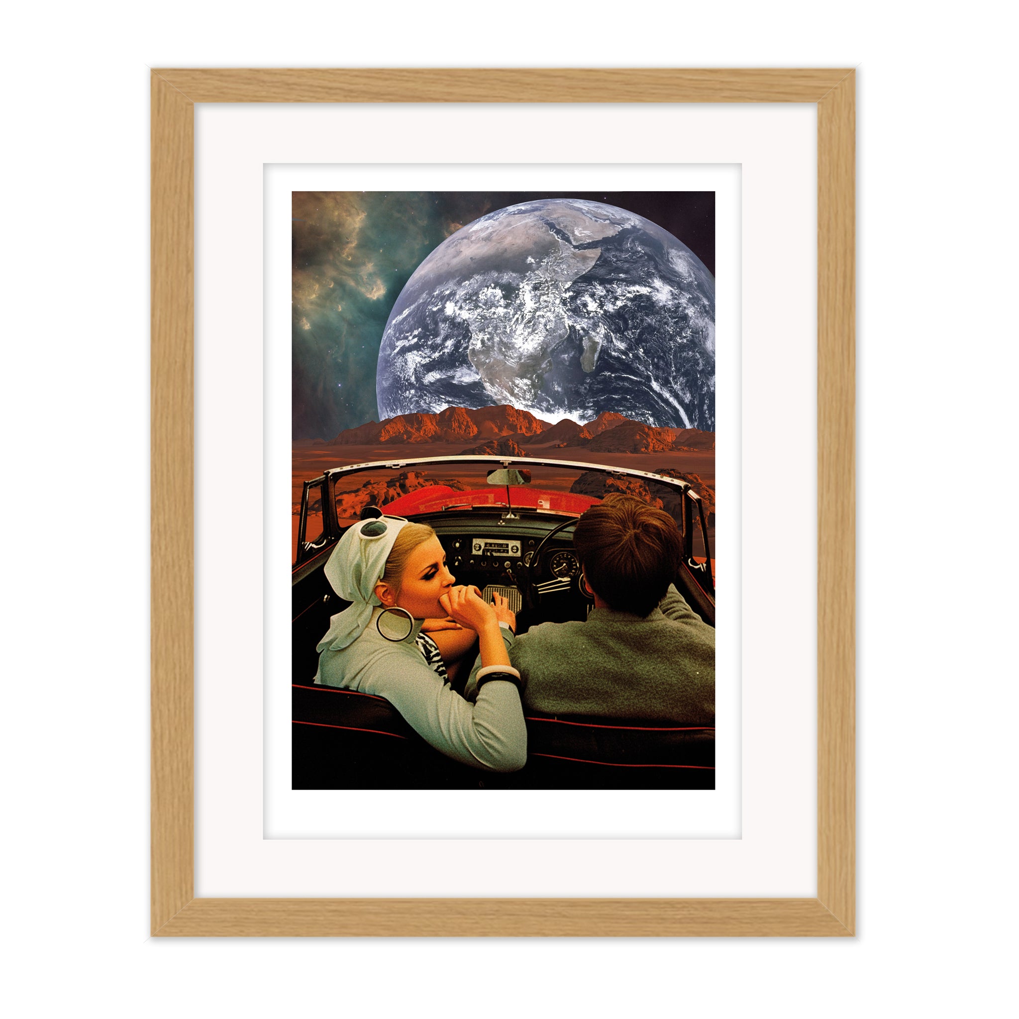 Natural wood framed Trip by Bravespears, a surreal collage artwork depicting a road trip through an imagined alien environment