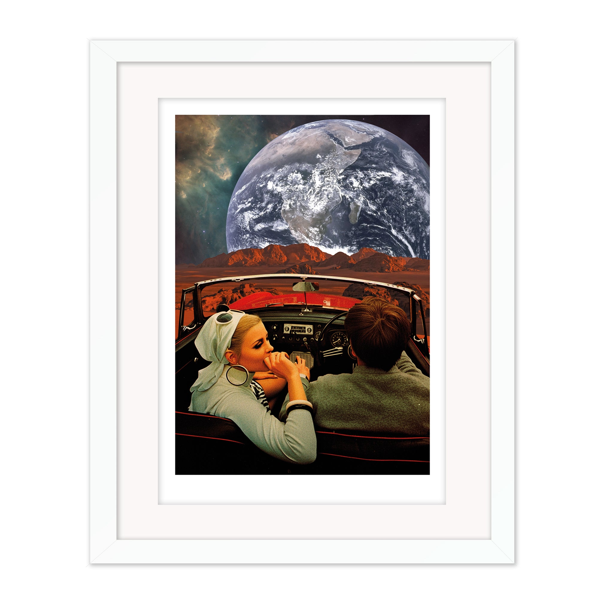 Trip by Bravespears shown in a white frame, cinematic collage artwork featuring a retro couple driving through a surreal planetary landscape