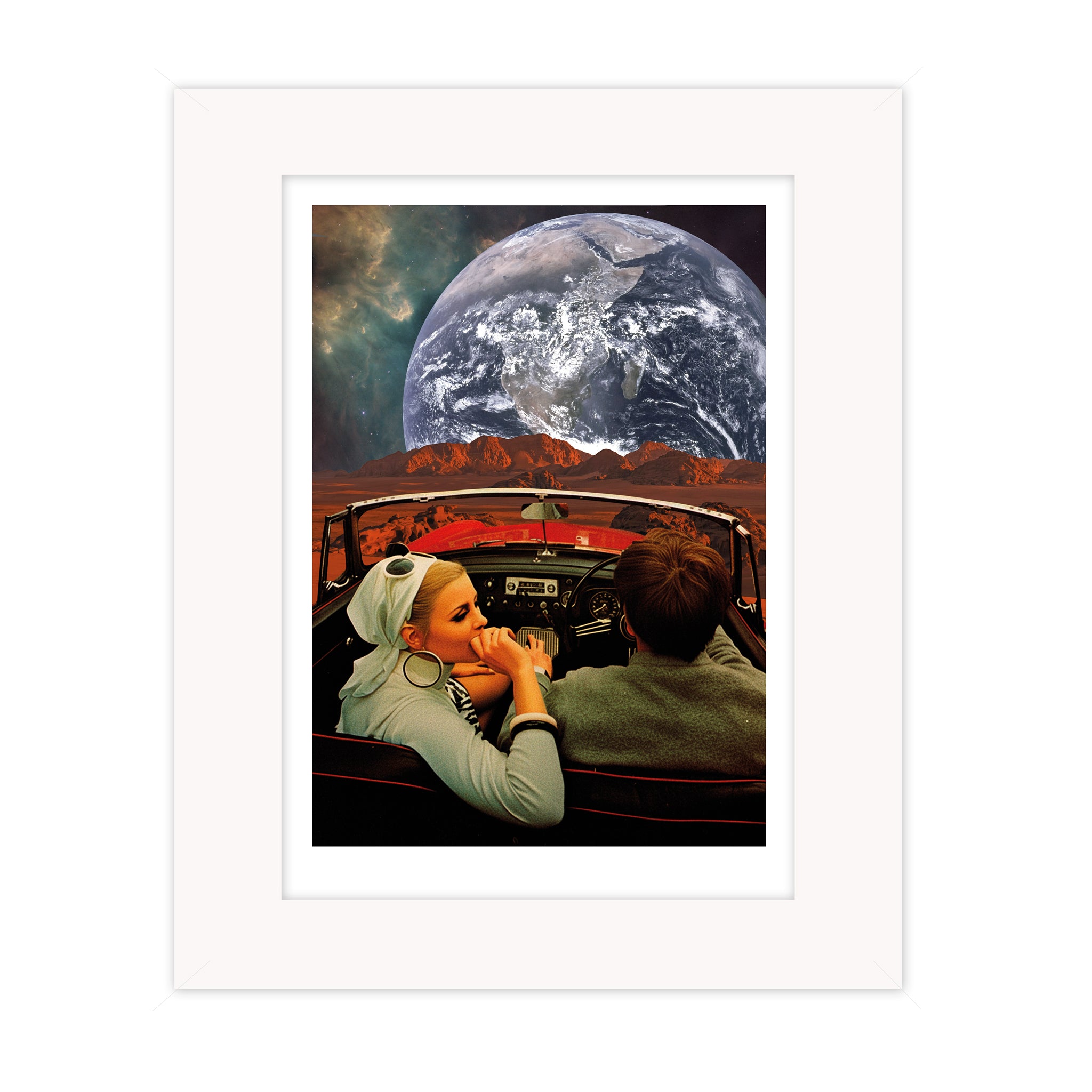 Surreal collage artwork titled Trip by Bravespears, showing a couple driving through a dreamlike alien landscape beneath a large planet, mounted giclee print
