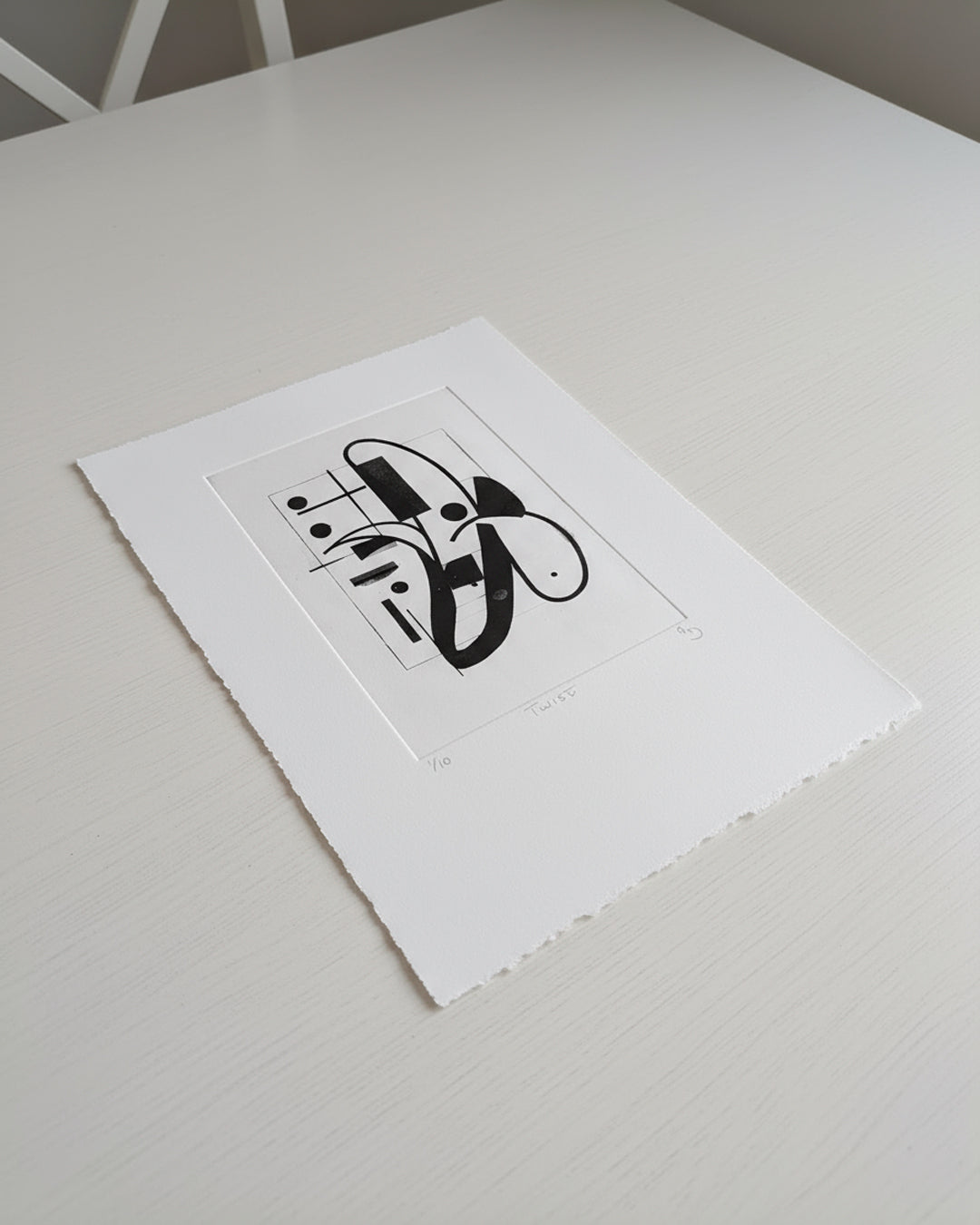 “Twist” handmade etching using a contemporary intaglio plate, featuring dynamic textured lines influenced by jazz rhythms and expressionist mark-making.