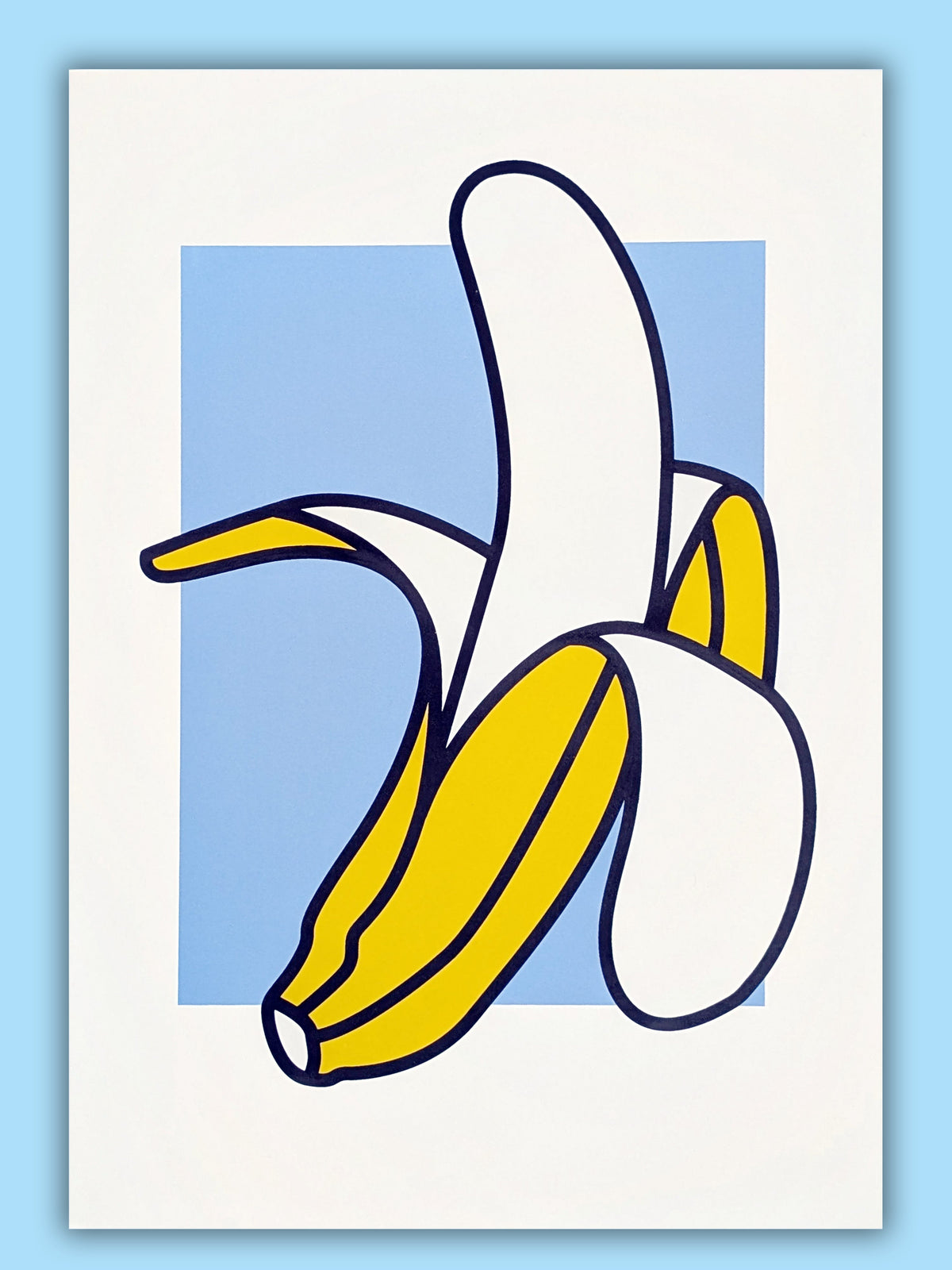 Banana artwork by Gerard McDonagh, showing a peeled yellow banana against a blue ground, shown on paper.