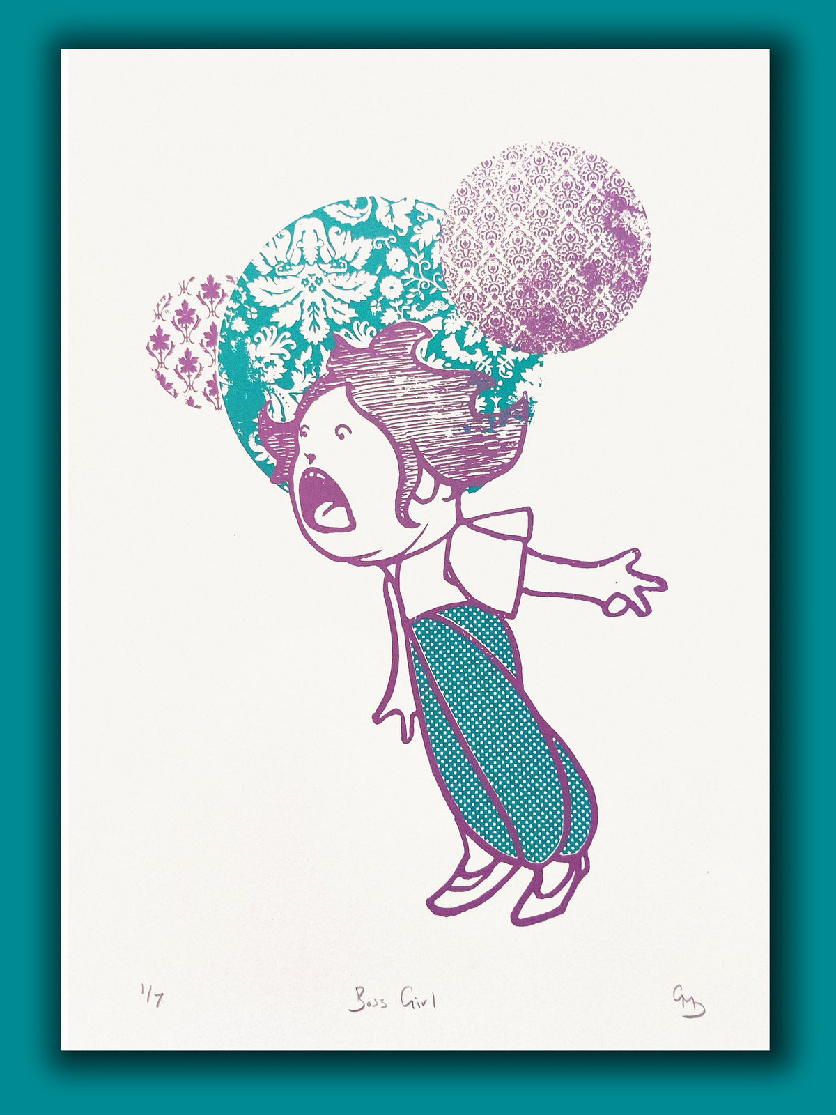 Boss Girl artwork by Gerard McDonagh, showing a woman and balloons in turquoise and purple, shown on paper.