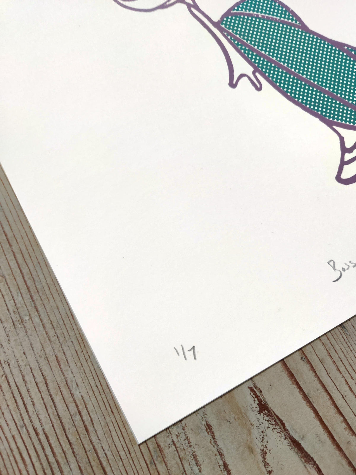 Detail of Boss Girl by Gerard McDonagh, showing the printed dress, edition number and lower paper corner.