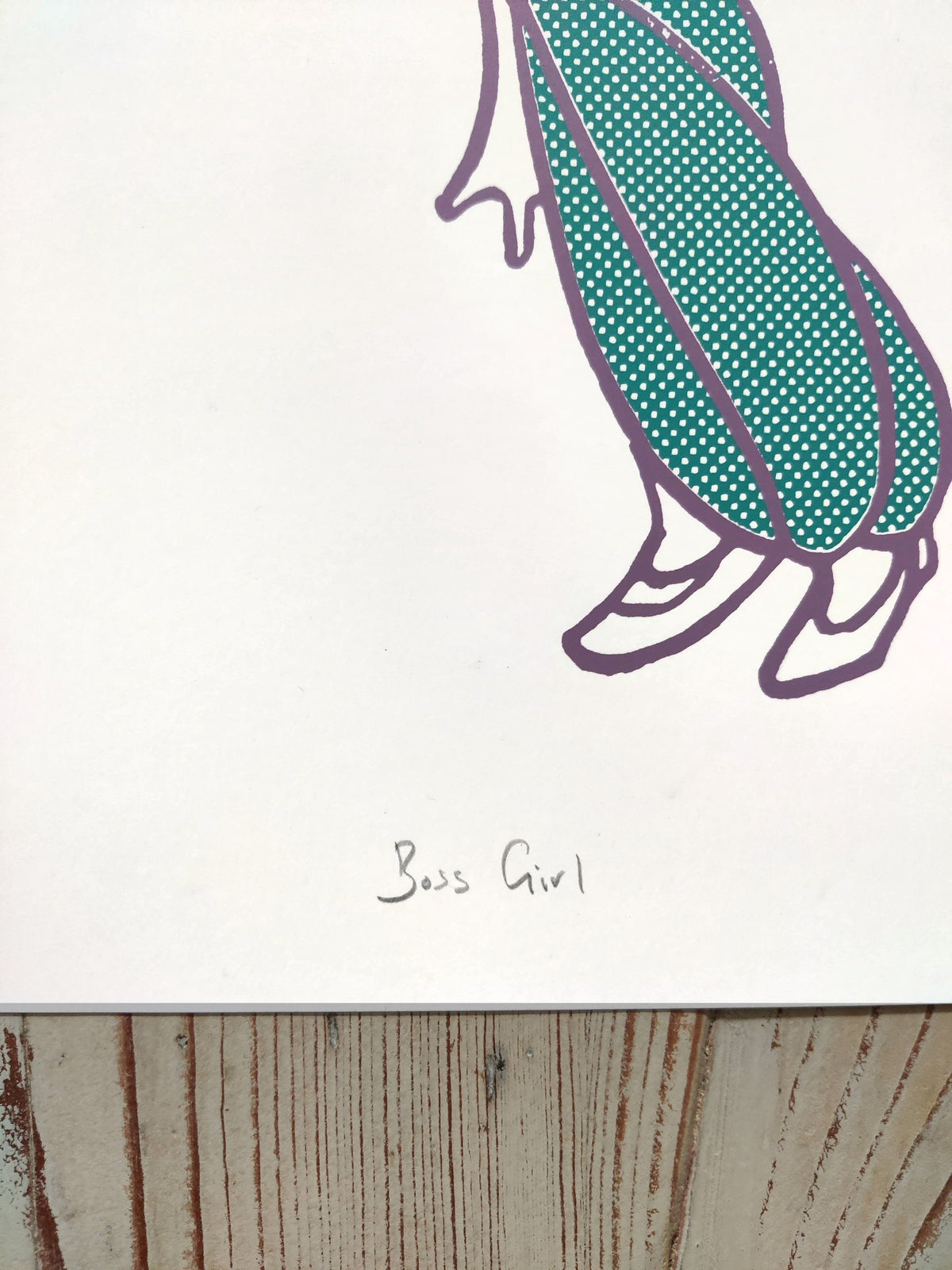 Detail of Boss Girl by Gerard McDonagh, showing the turquoise dress and handwritten title.
